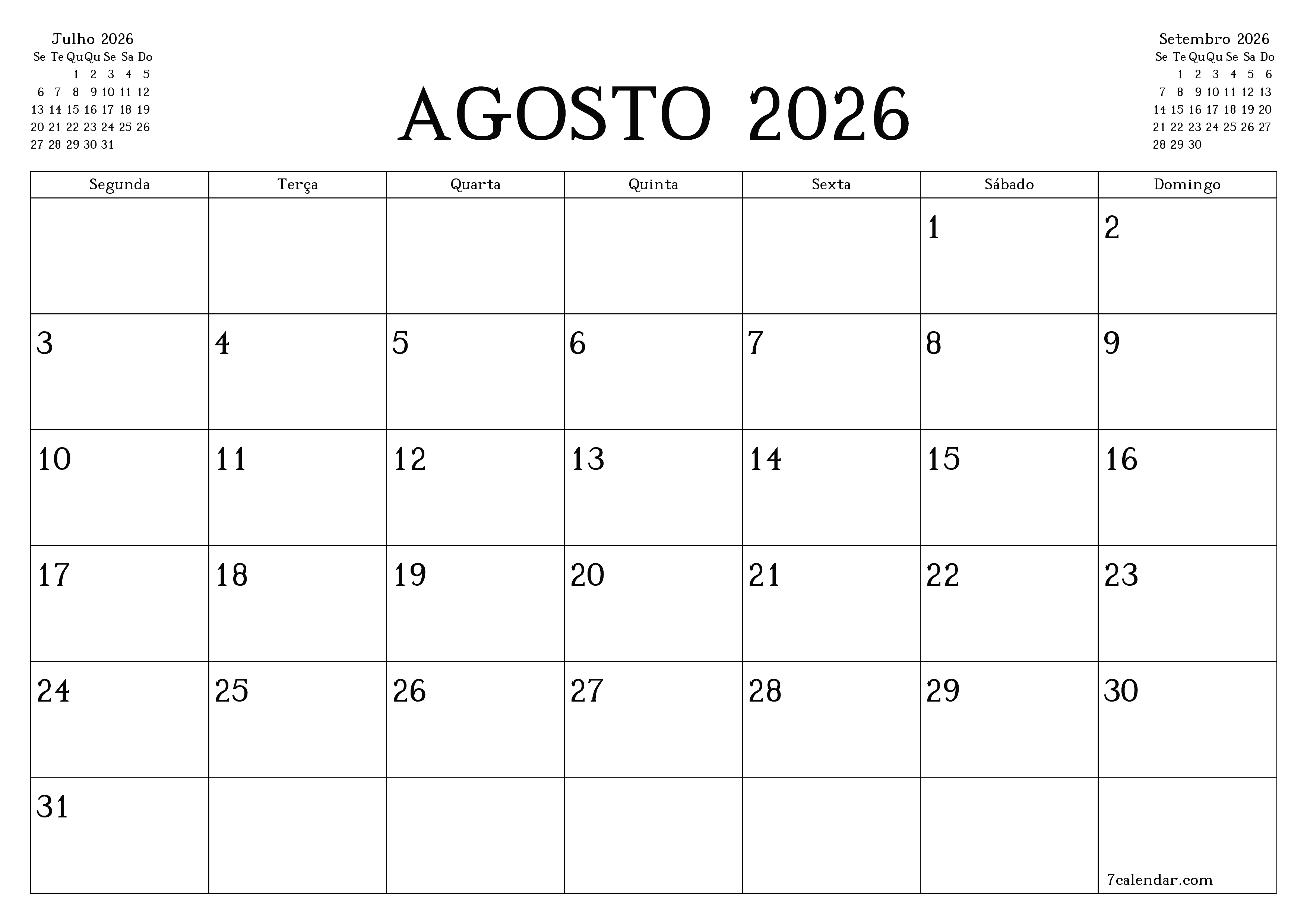 Esvazie o planejador mensal para o mês Agosto 2026 com notas, salve e imprima em PDF PNG Portuguese