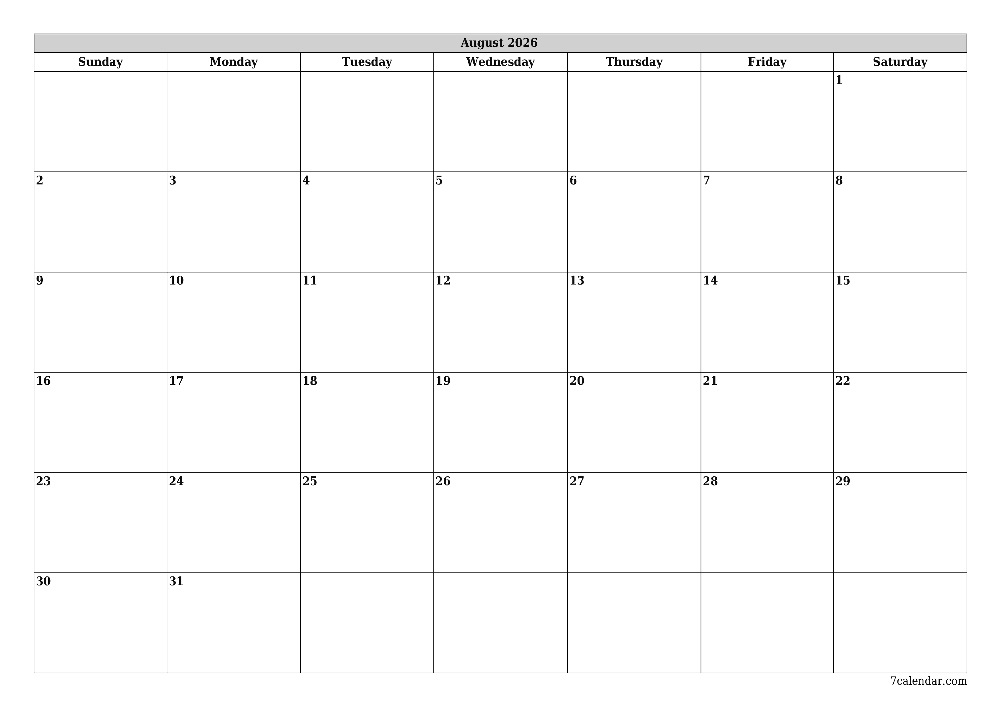 printable wall template free horizontal Monthly planner calendar August (Aug) 2026