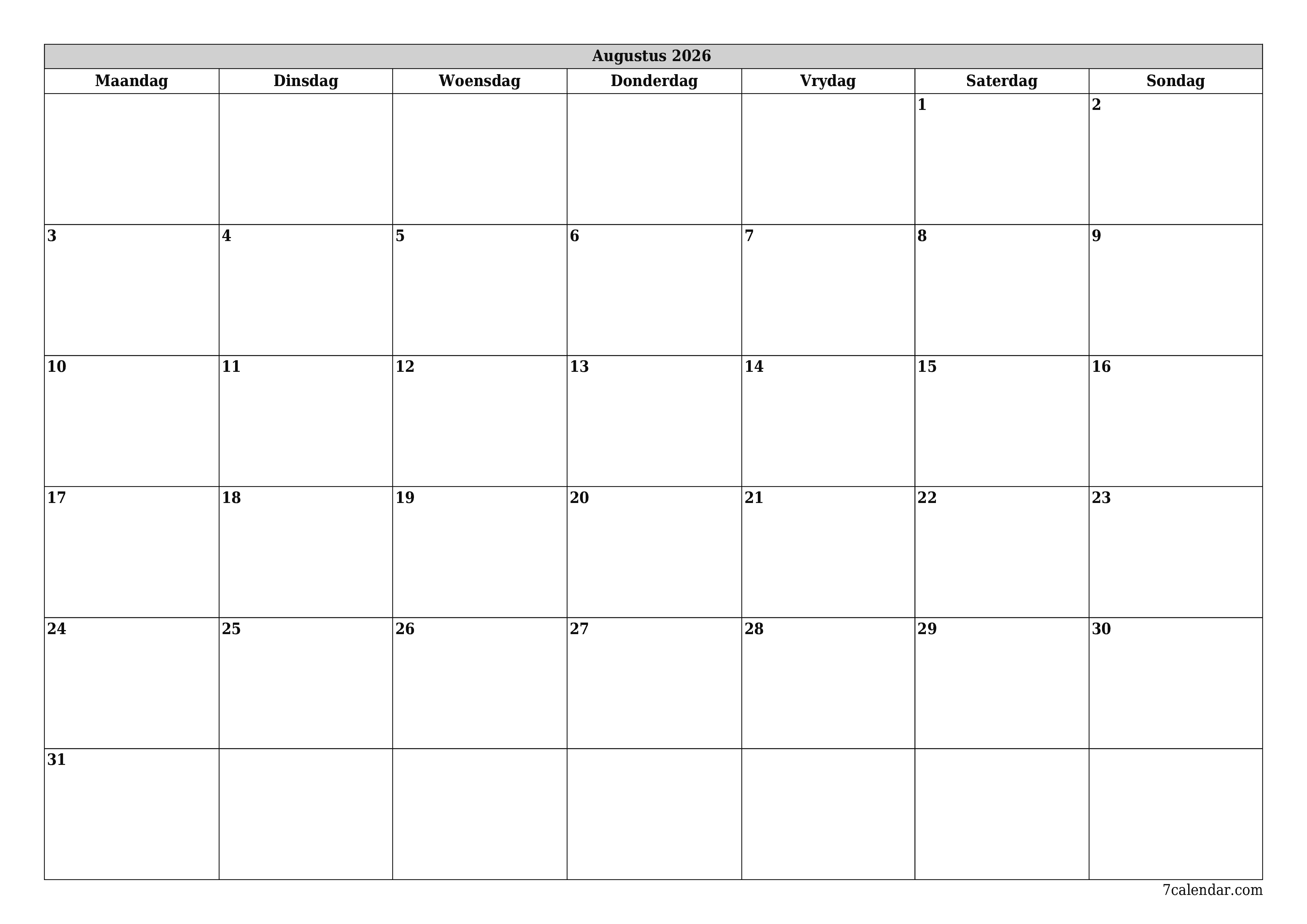 Leë maandelikse drukbare kalender en beplanner vir maand Augustus 2026 met notas stoor en druk na PDF PNG Afrikaans