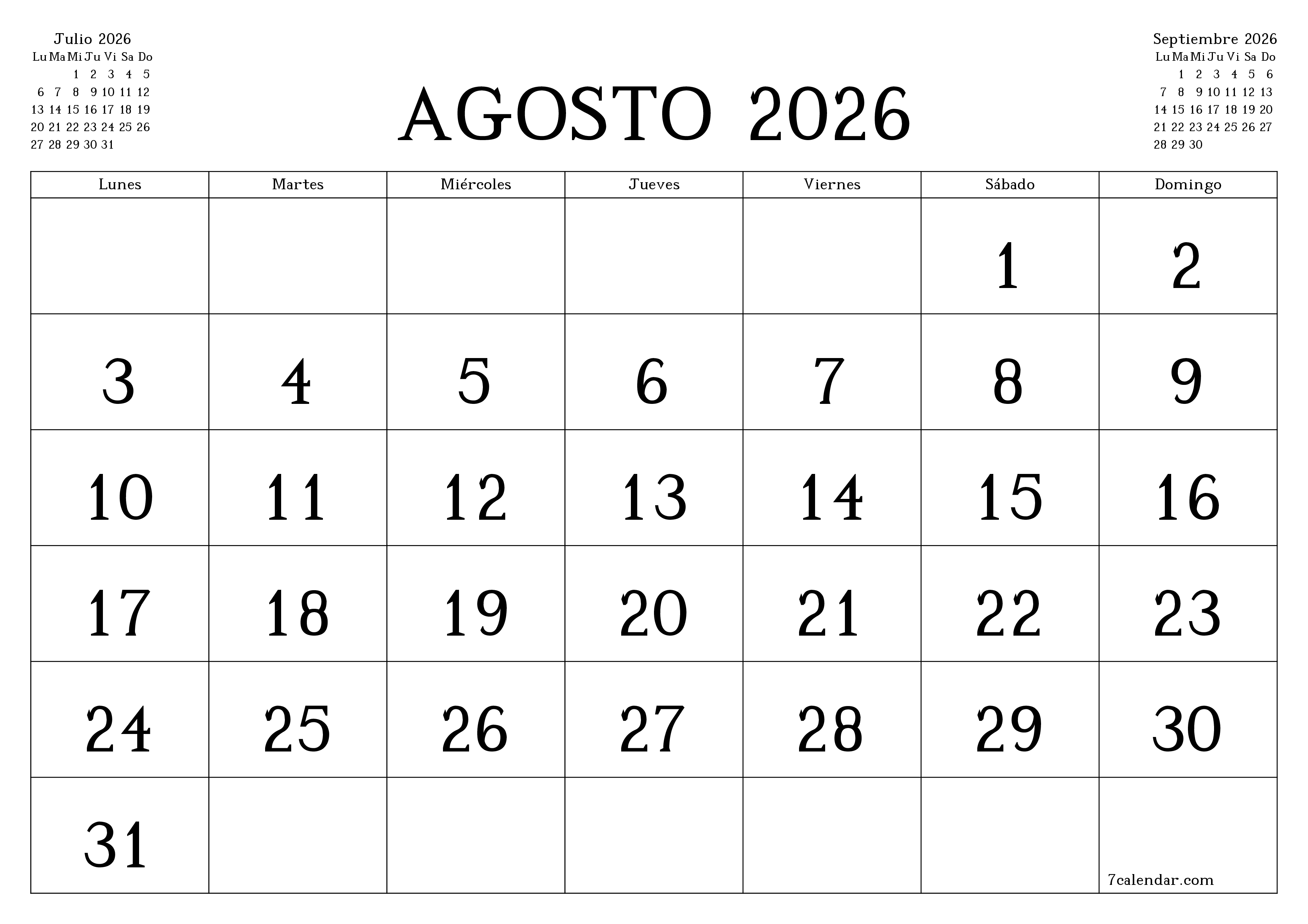Planificador mensual vacío para el mes Agosto 2026 con notas, guardar e imprimir en PDF PNG Spanish