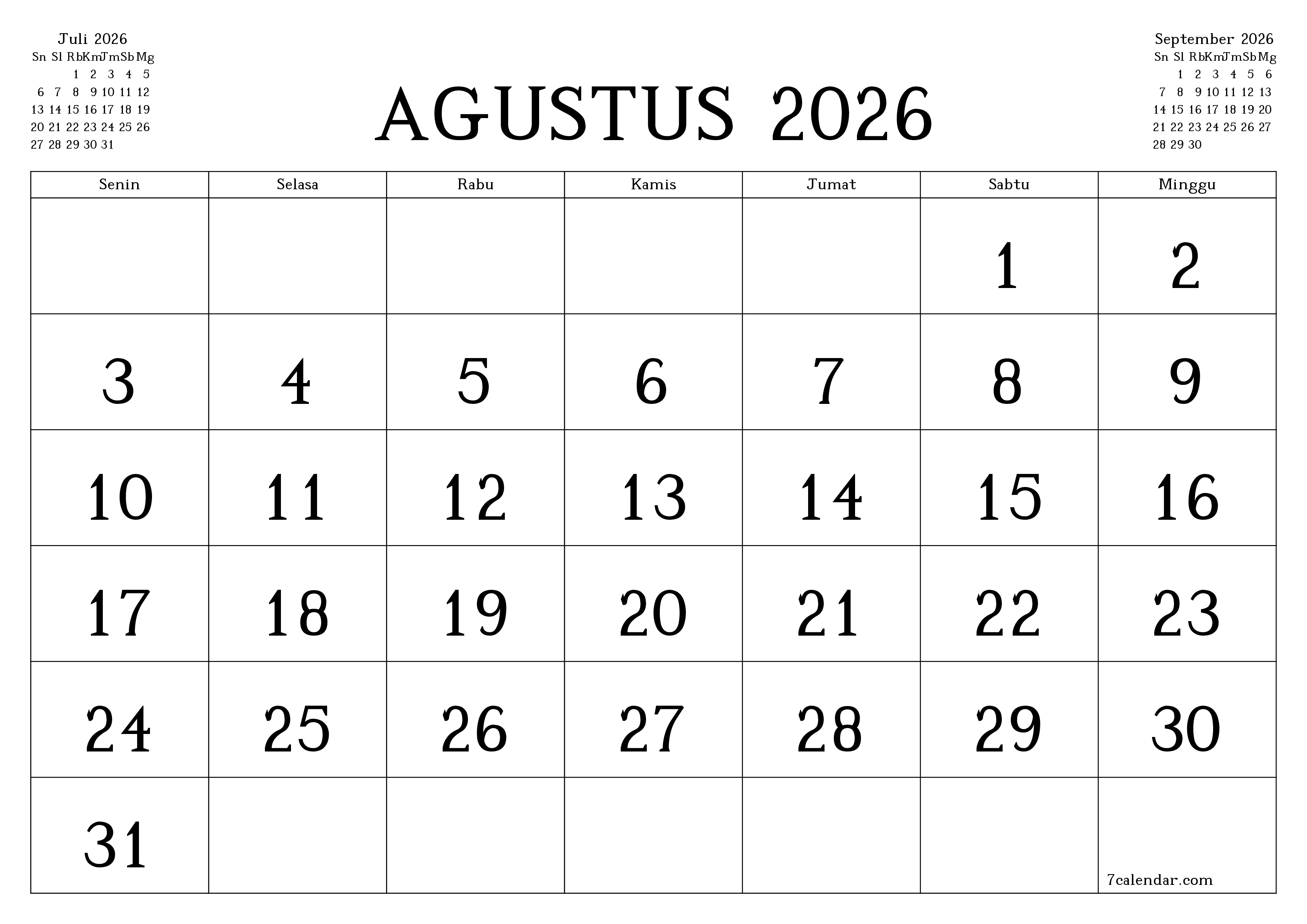 Kosongkan agenda bulanan untuk bulan Agustus 2026 dengan catatan, simpan dan cetak ke PDF PNG Indonesian