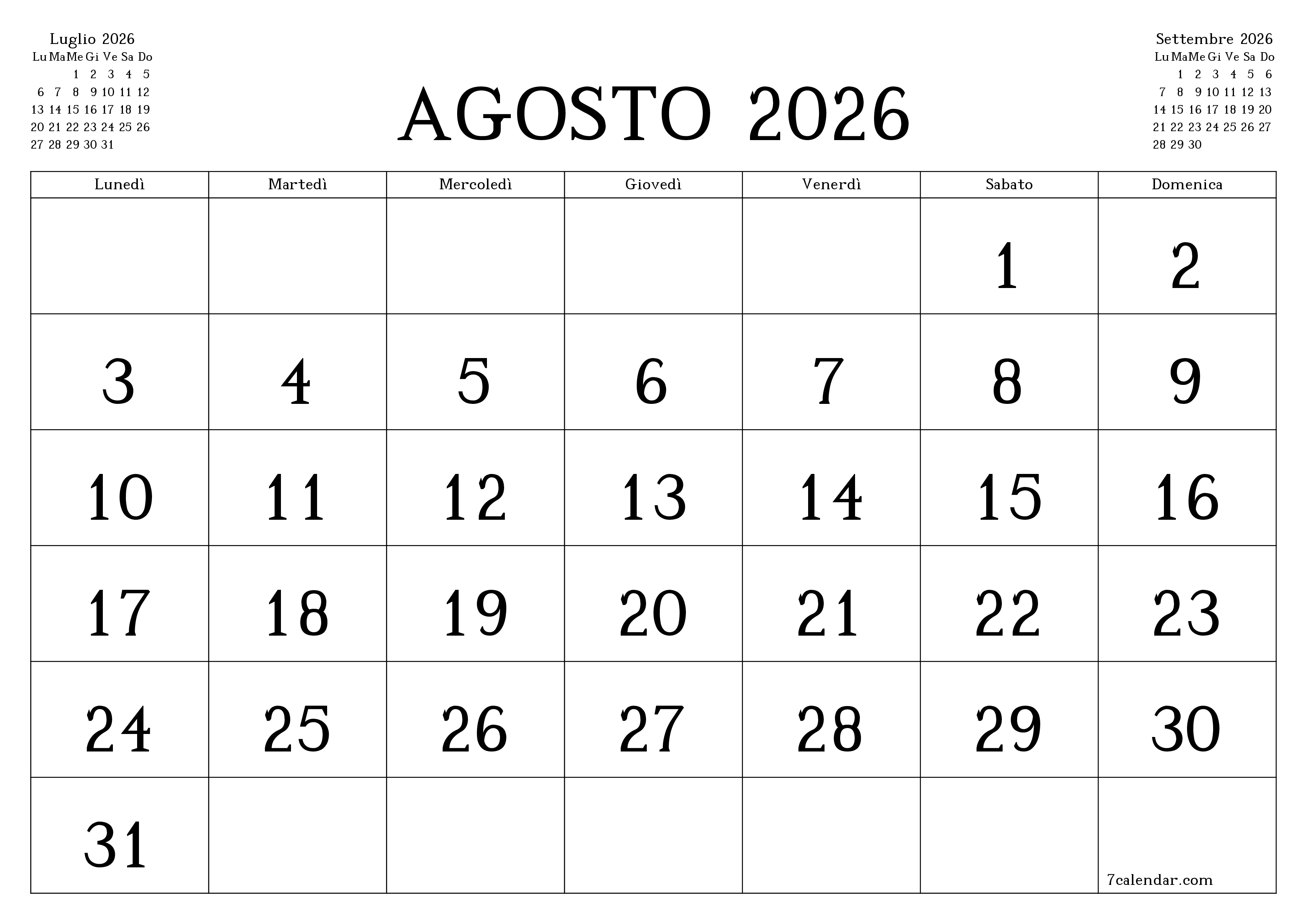 Pianificatore mensile vuoto per il mese Agosto 2026 con note, salva e stampa in PDF PNG Italian