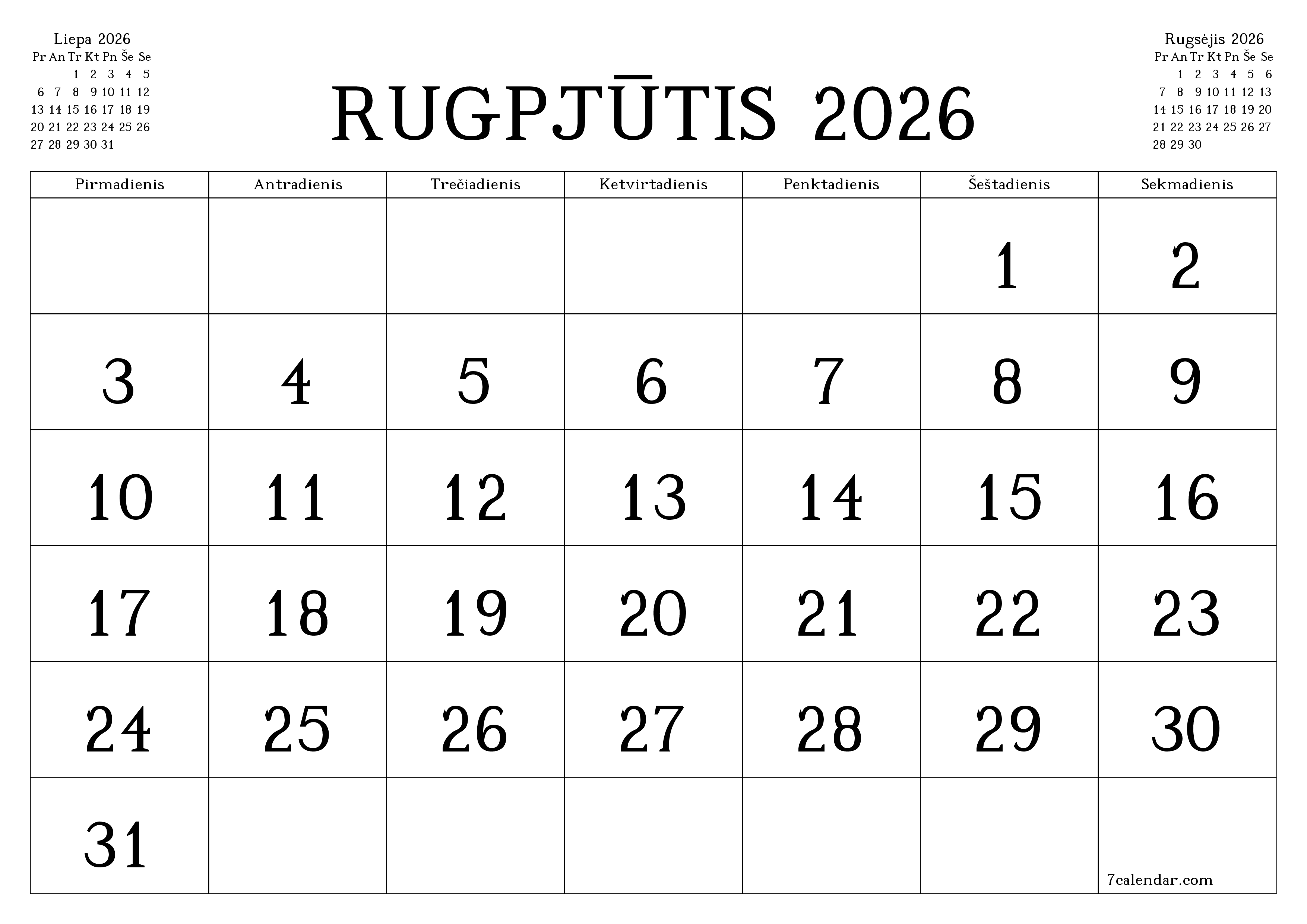 Ištuštinti mėnesio Rugpjūtis 2026 mėnesio planavimo priemonę su užrašais, išsaugoti ir atsispausdinti PDF formate PNG Lithuanian