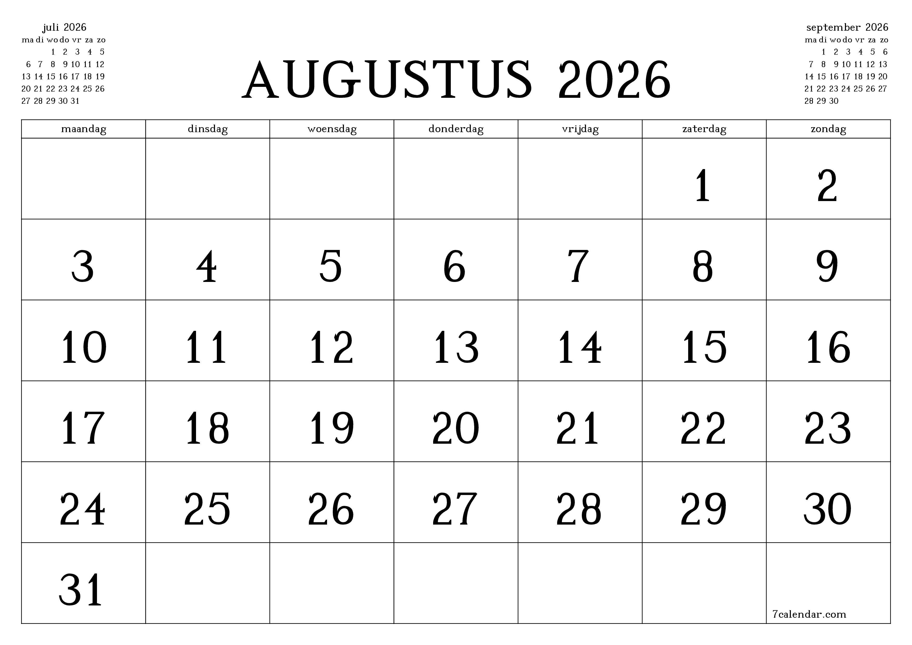 Lege maandplanner voor maand augustus 2026 met notities, opslaan en afdrukken naar pdf PNG Dutch