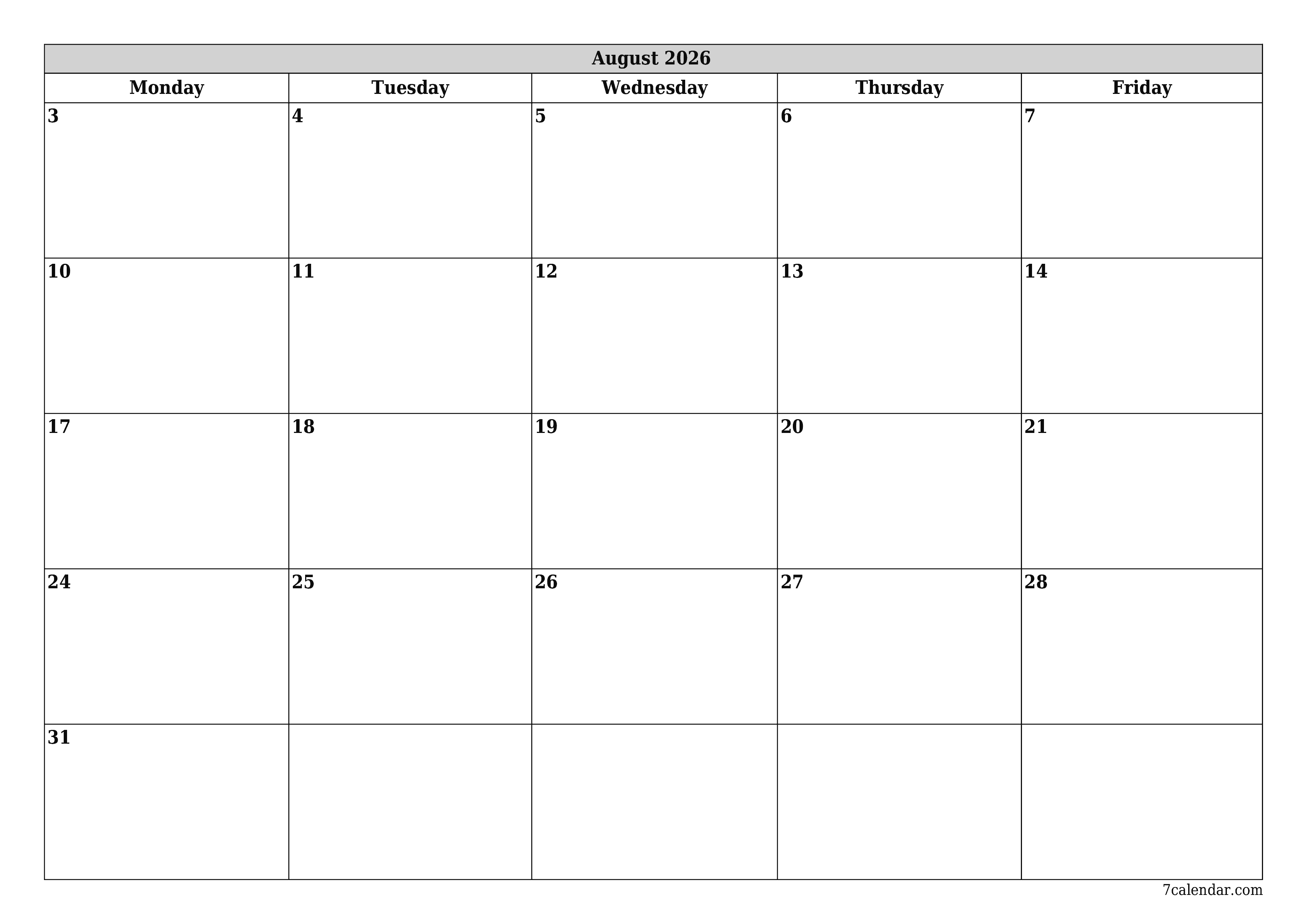 Blank monthly printable calendar and planner for month August 2026 with notes save and print to PDF PNG English
