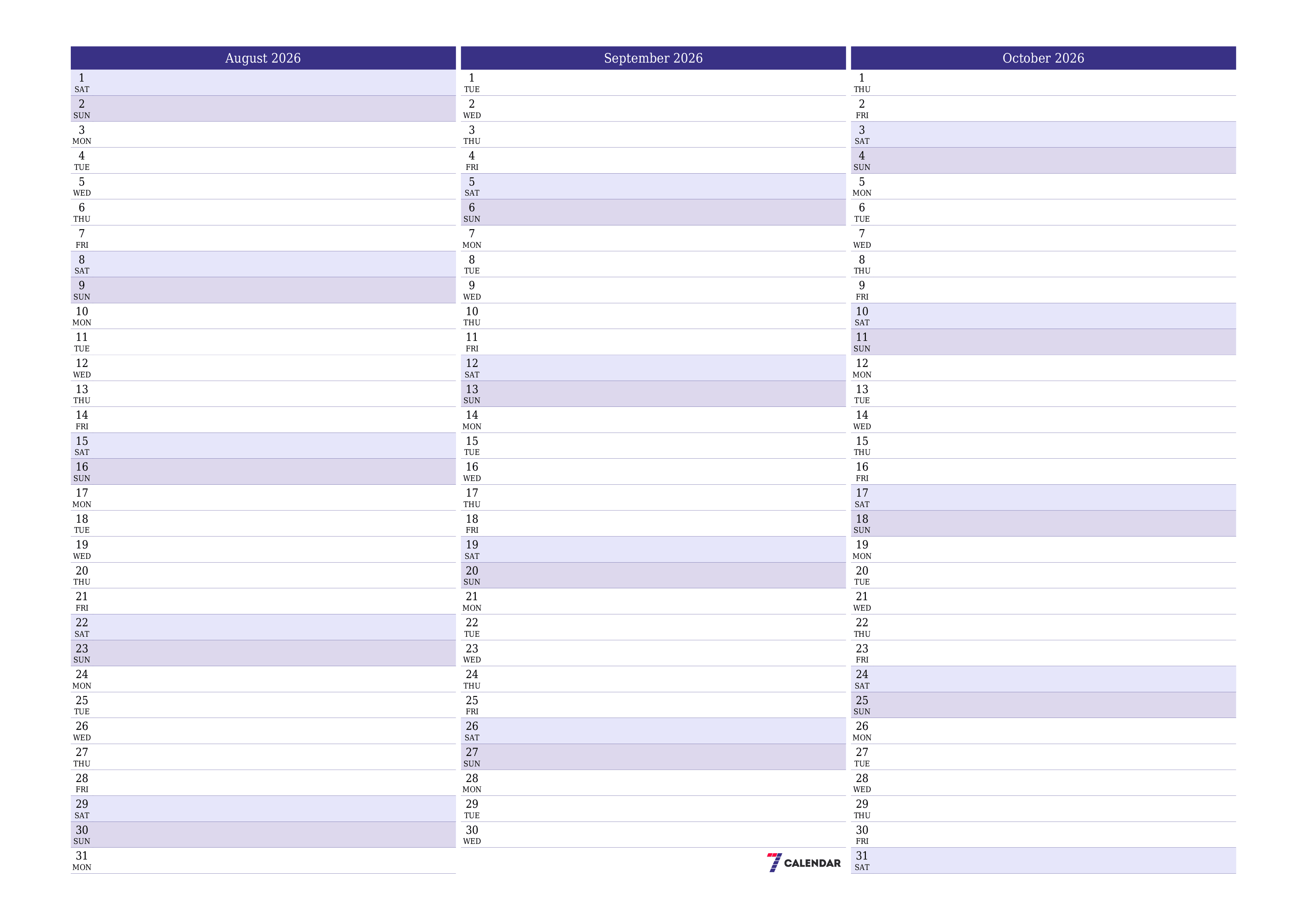 Blank calendar August 2026