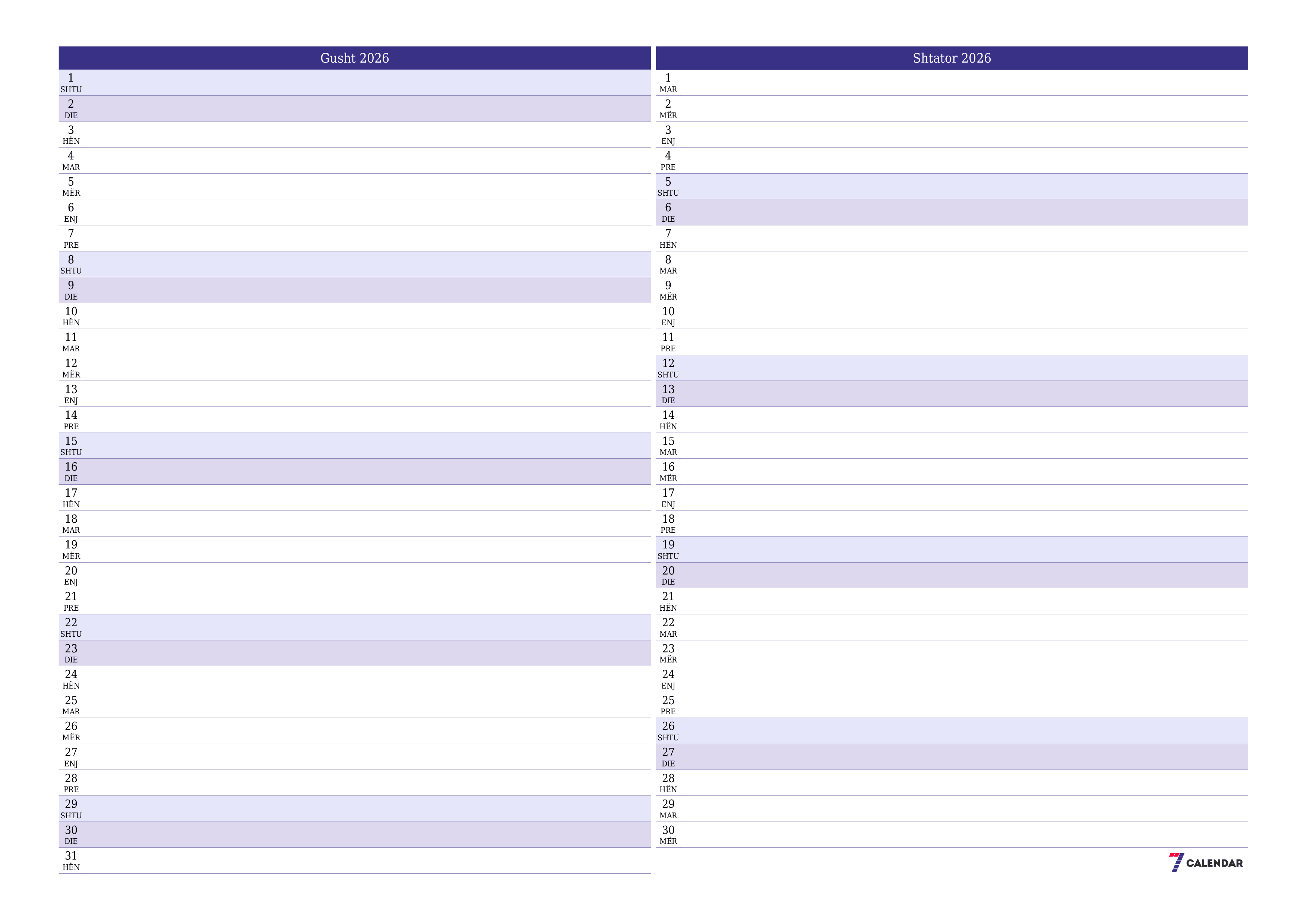 Planifikuesi i zbrazët i kalendarit mujor për muajin Gusht 2026 me shënime të ruajtura dhe të printuara në PDF PNG Albanian