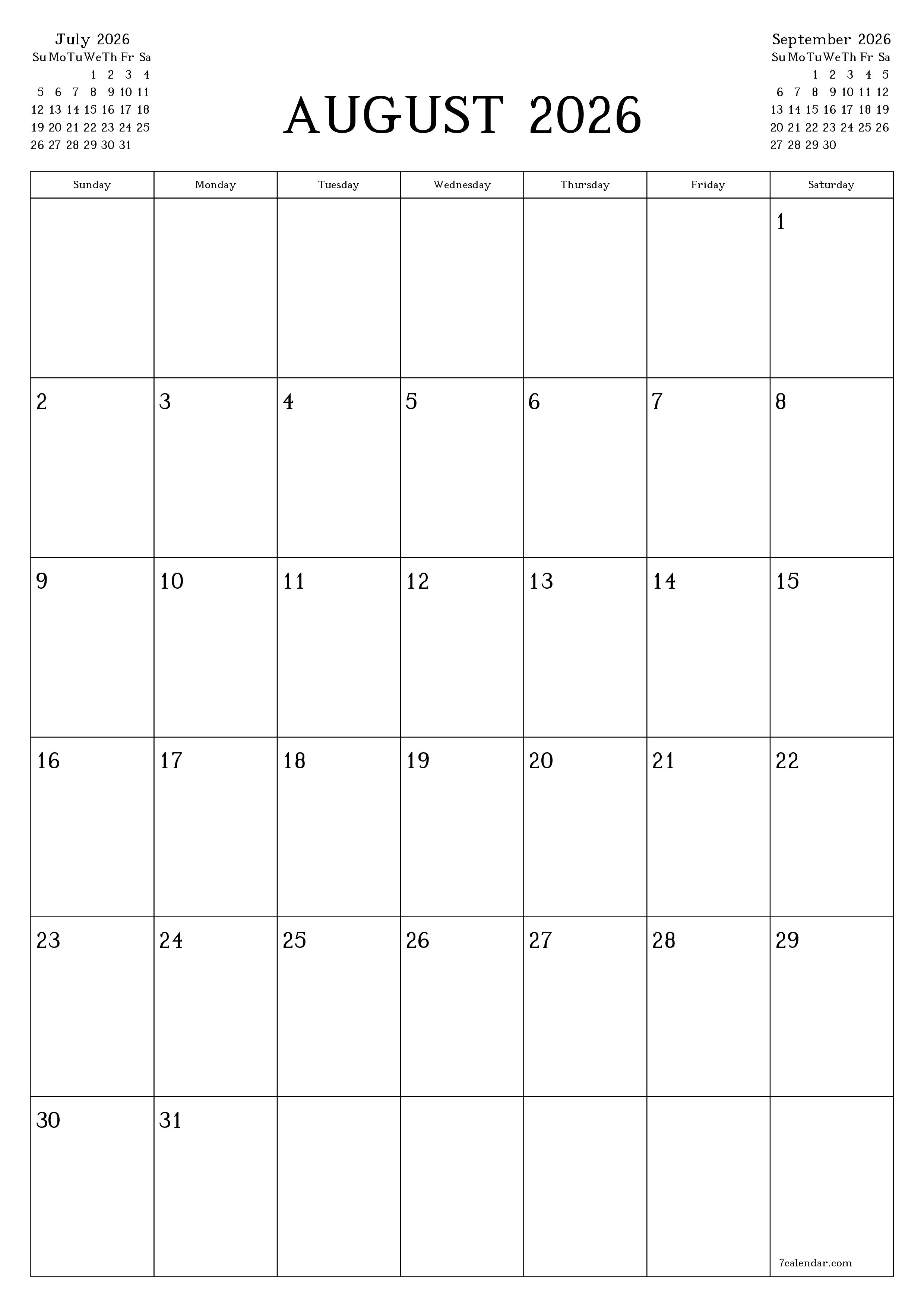 printable wall template free vertical Monthly planner calendar August (Aug) 2026