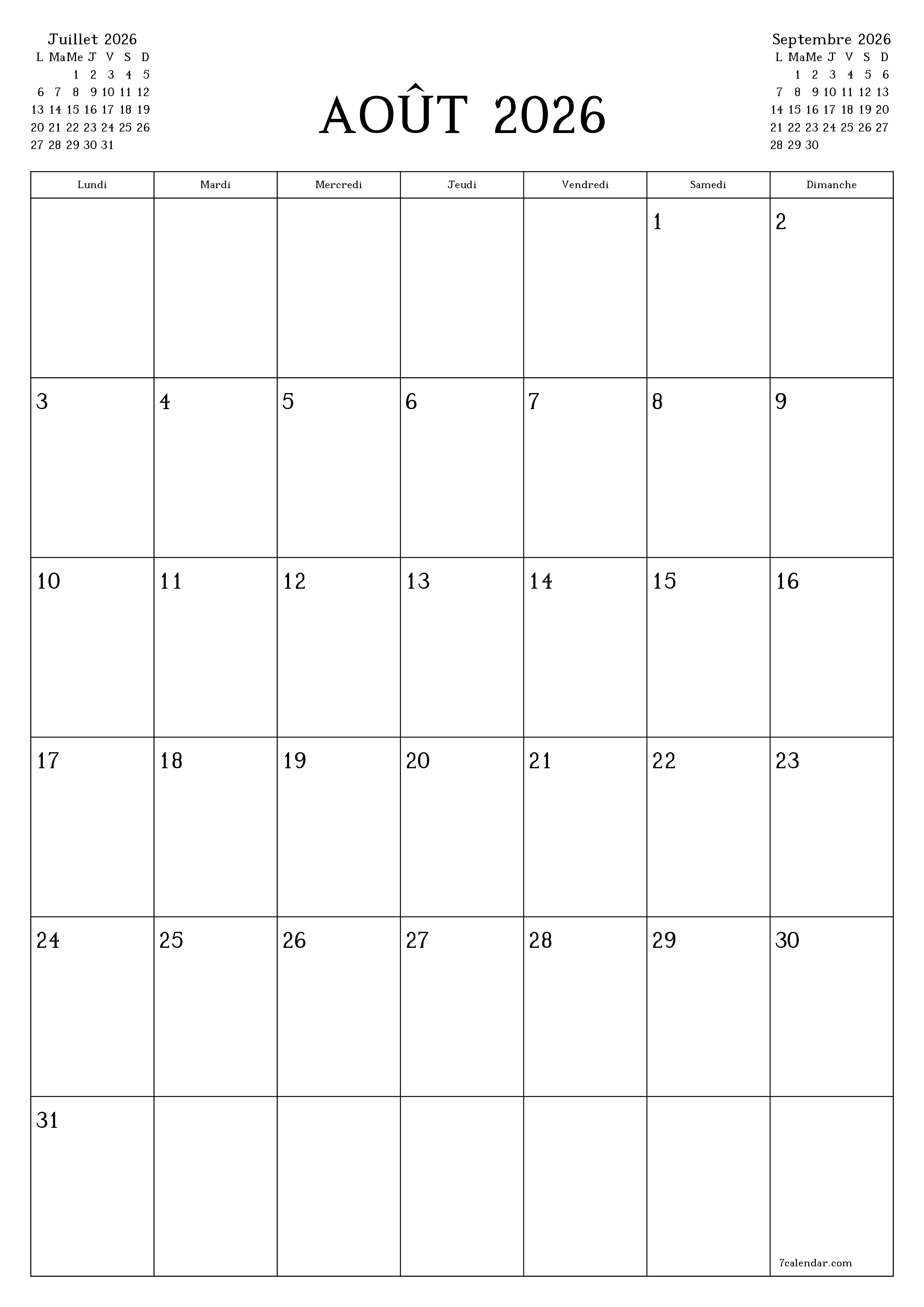 Agenda mensuel vide pour le mois Août 2026 avec notes, enregistrez et imprimez au format PDF PNG French
