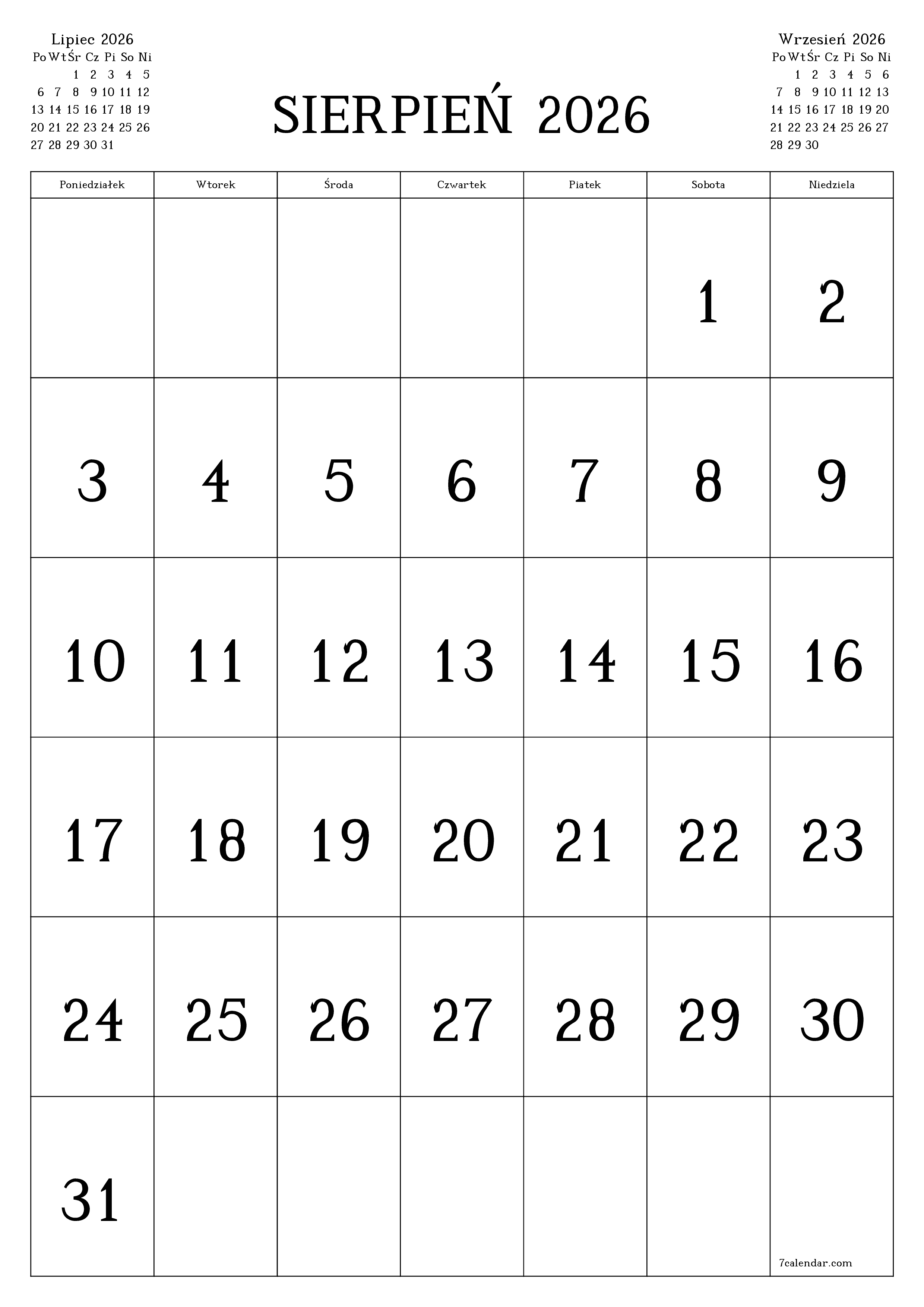  do druku ścienny szablon a darmowy pionowy Miesięczny kalendarz Sierpień (Sie) 2026