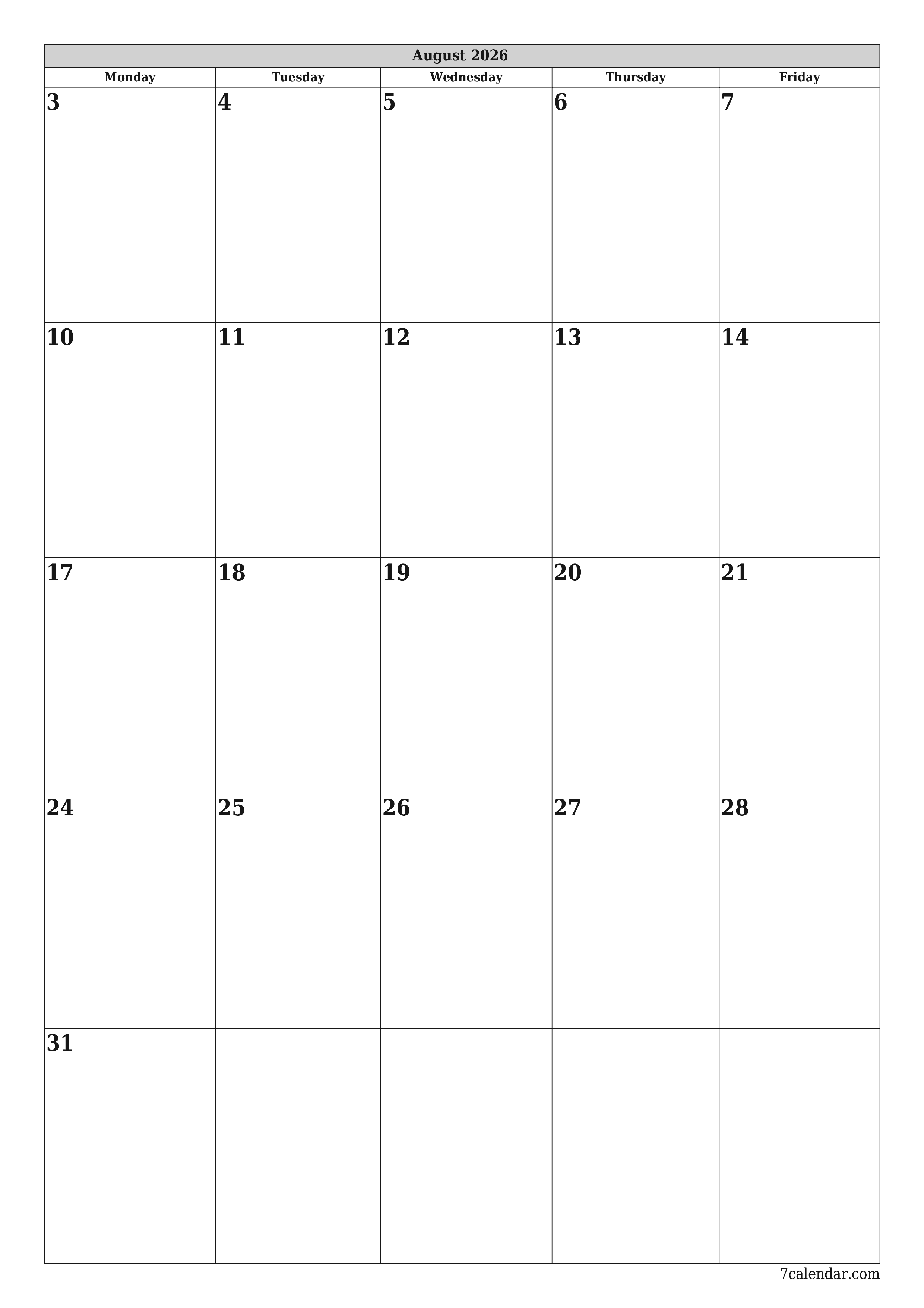 Blank monthly printable calendar and planner for month August 2026 with notes save and print to PDF PNG English