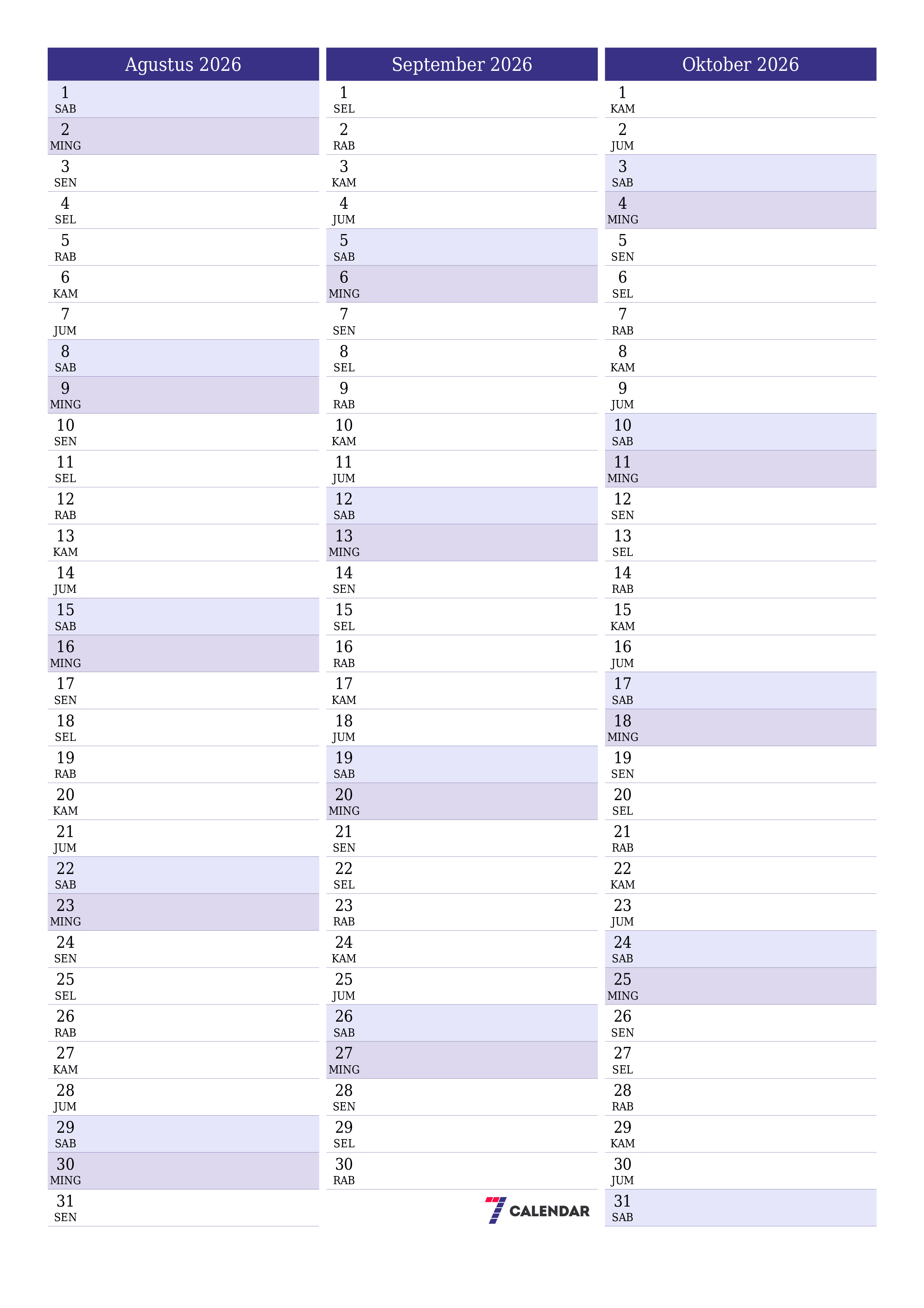 Kosongkan agenda bulanan untuk bulan Agustus 2026 dengan catatan, simpan dan cetak ke PDF PNG Indonesian