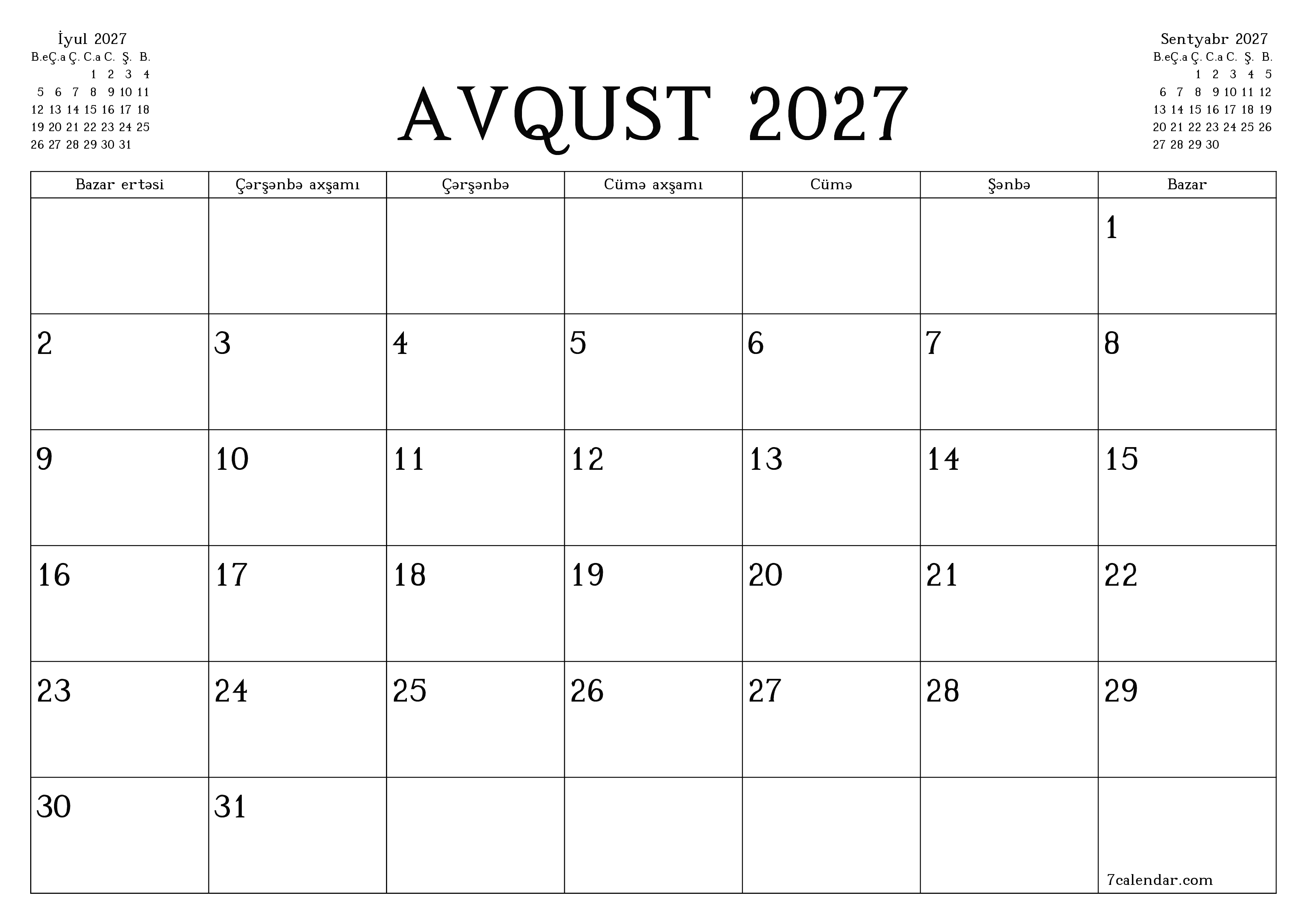 Avqust 2027 ayı üçün qeydlər ilə boş aylıq planlayıcı, qeyd edin və PDF-ə yazdırın PNG Azerbaijani