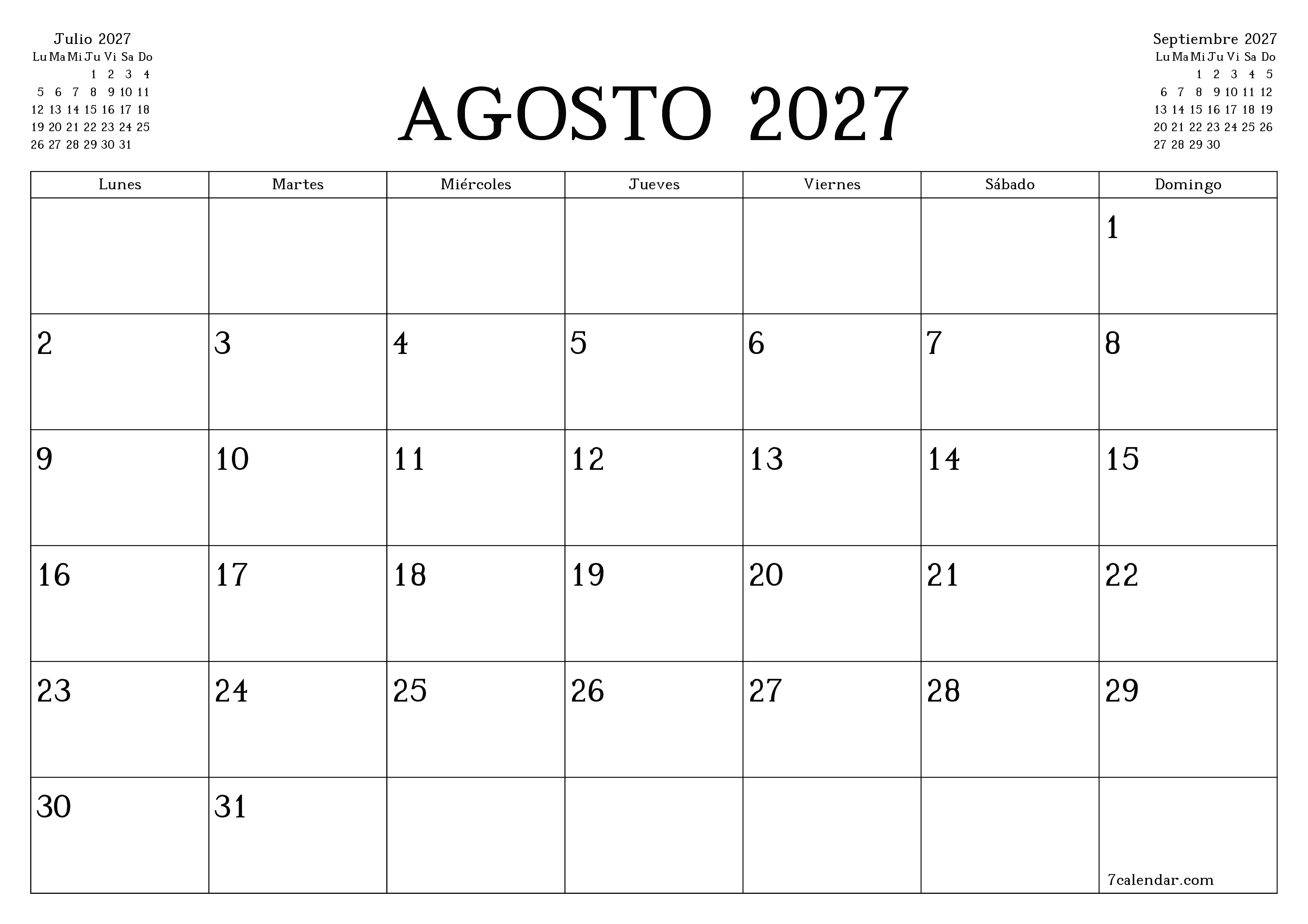 Planificador mensual vacío para el mes Agosto 2027 con notas, guardar e imprimir en PDF PNG Spanish