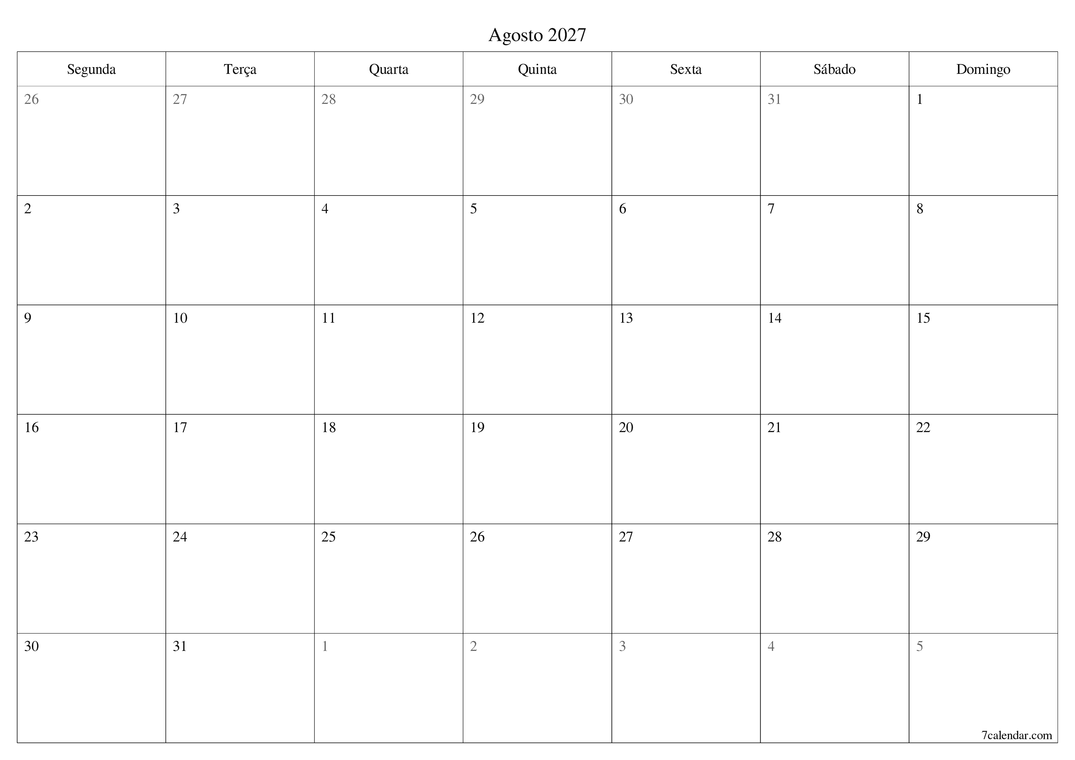 Esvazie o planejador mensal para o mês Agosto 2027 com notas, salve e imprima em PDF PNG Portuguese