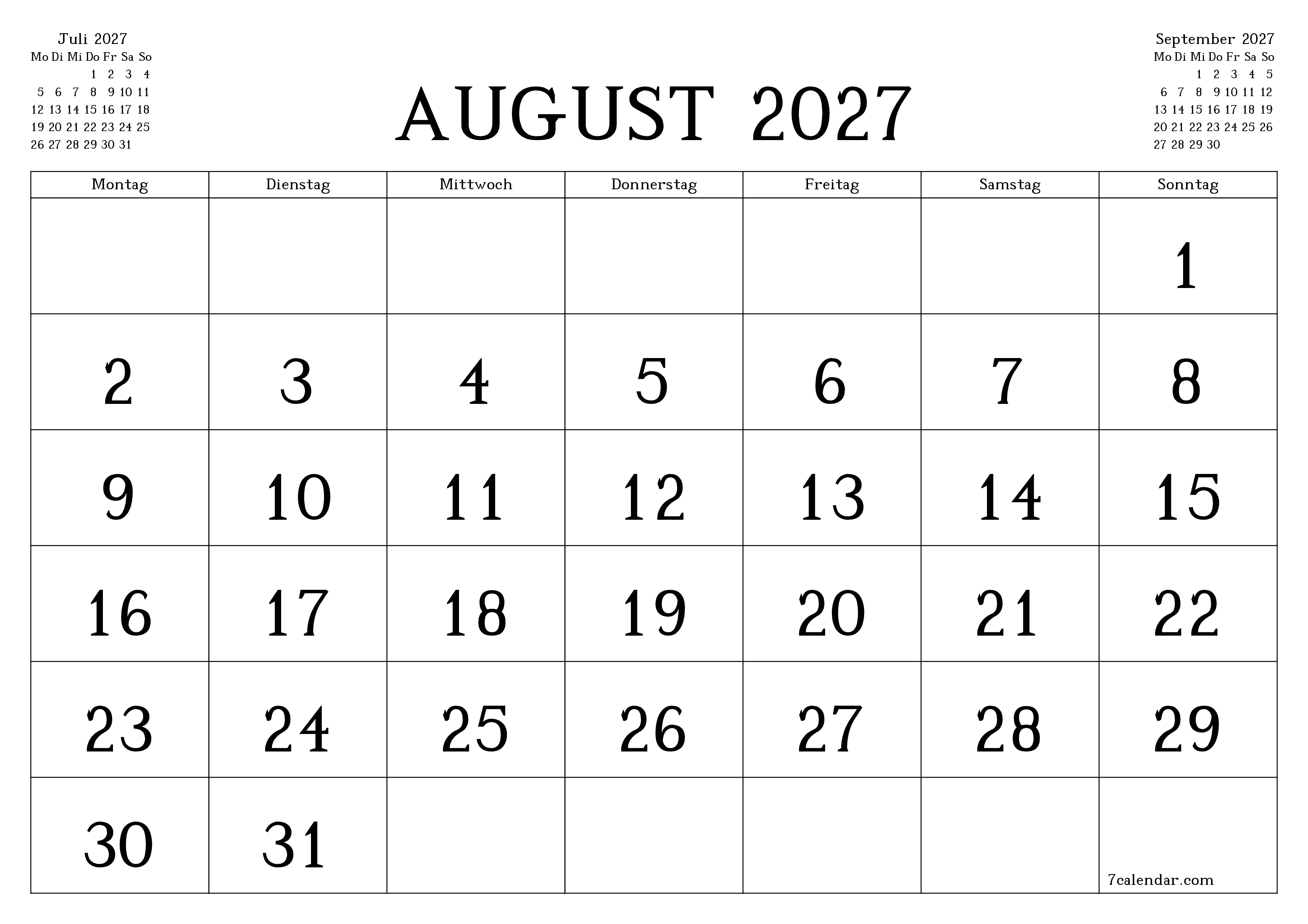 Monatsplaner für Monat August 2027 mit Notizen leeren, speichern und als PDF PNG German - 7calendar.com drucken