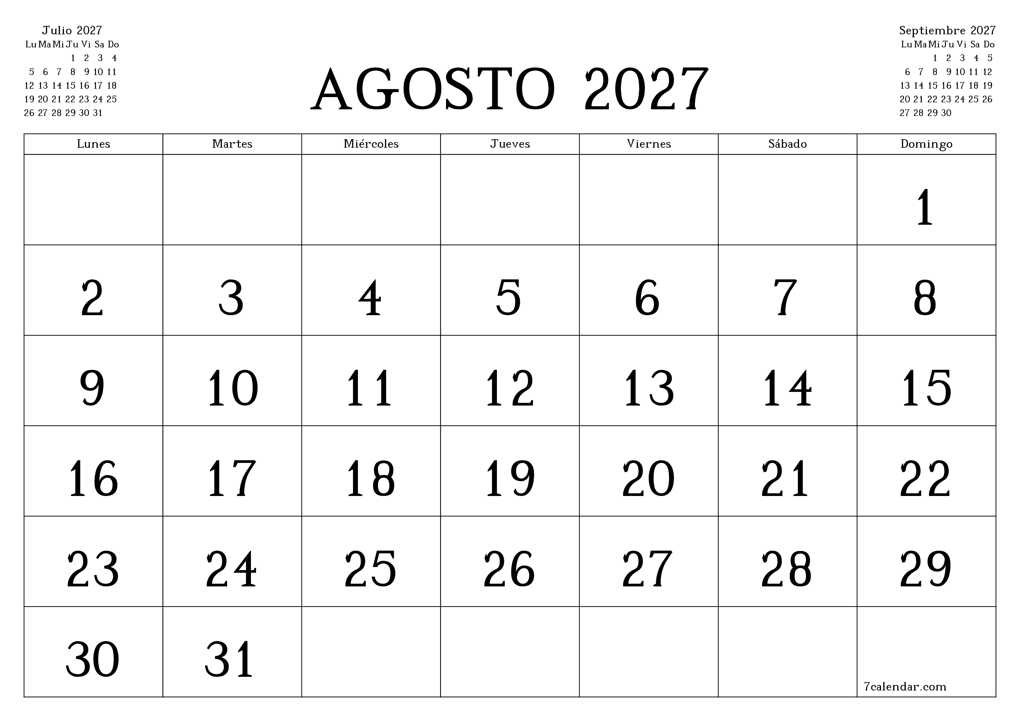 Planificador mensual vacío para el mes Agosto 2027 con notas, guardar e imprimir en PDF PNG Spanish