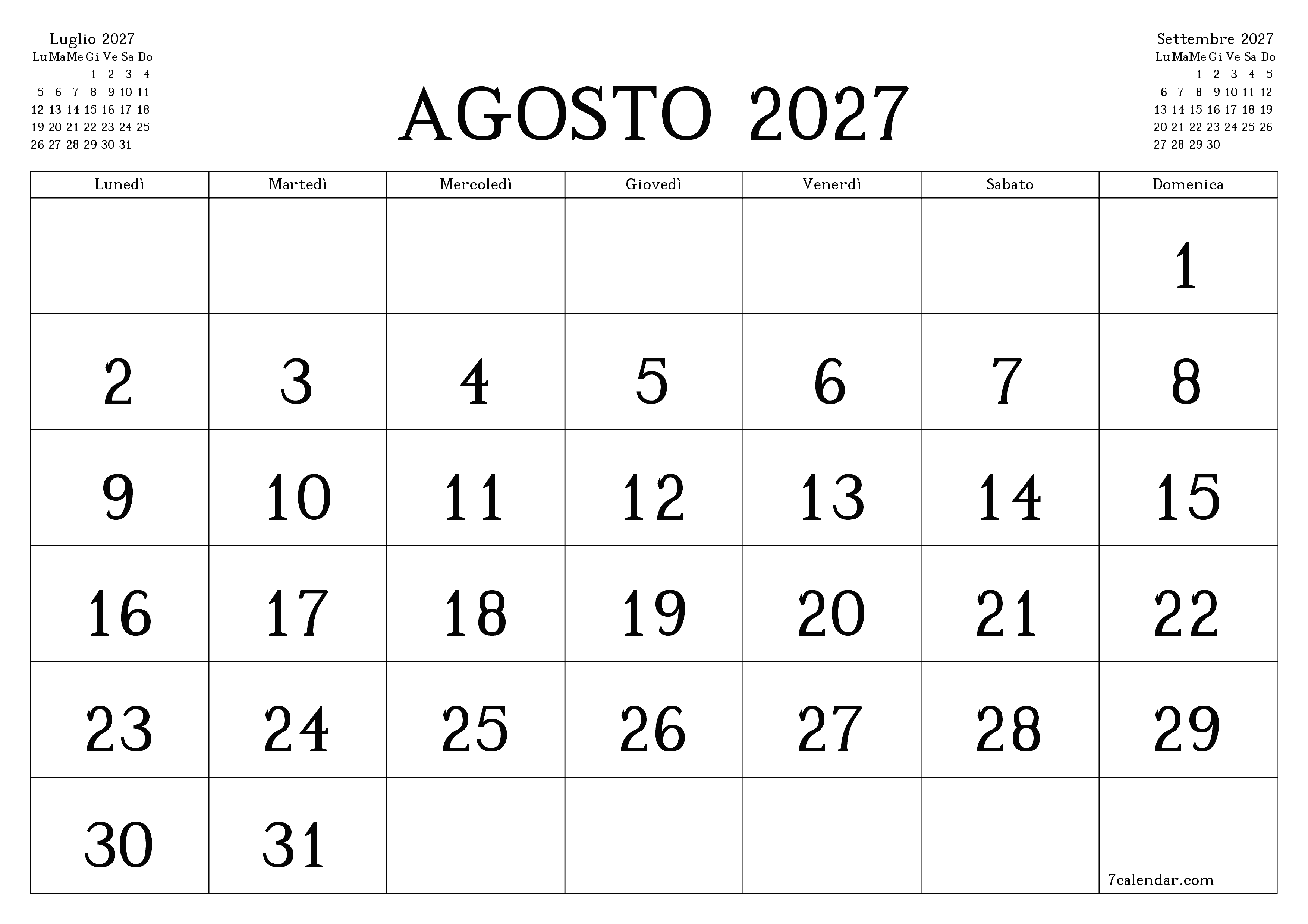 Pianificatore mensile vuoto per il mese Agosto 2027 con note, salva e stampa in PDF PNG Italian