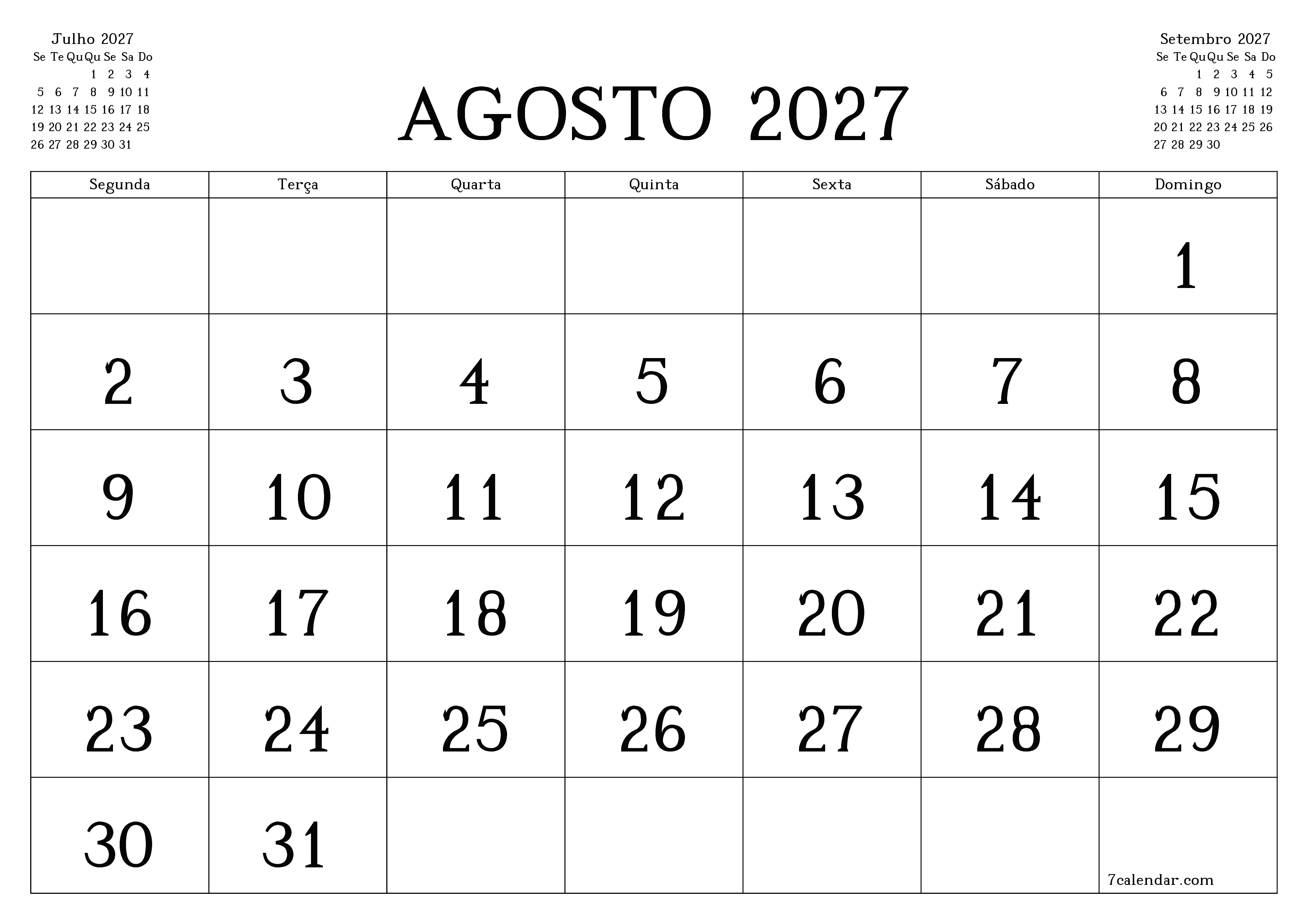 Esvazie o planejador mensal para o mês Agosto 2027 com notas, salve e imprima em PDF PNG Portuguese