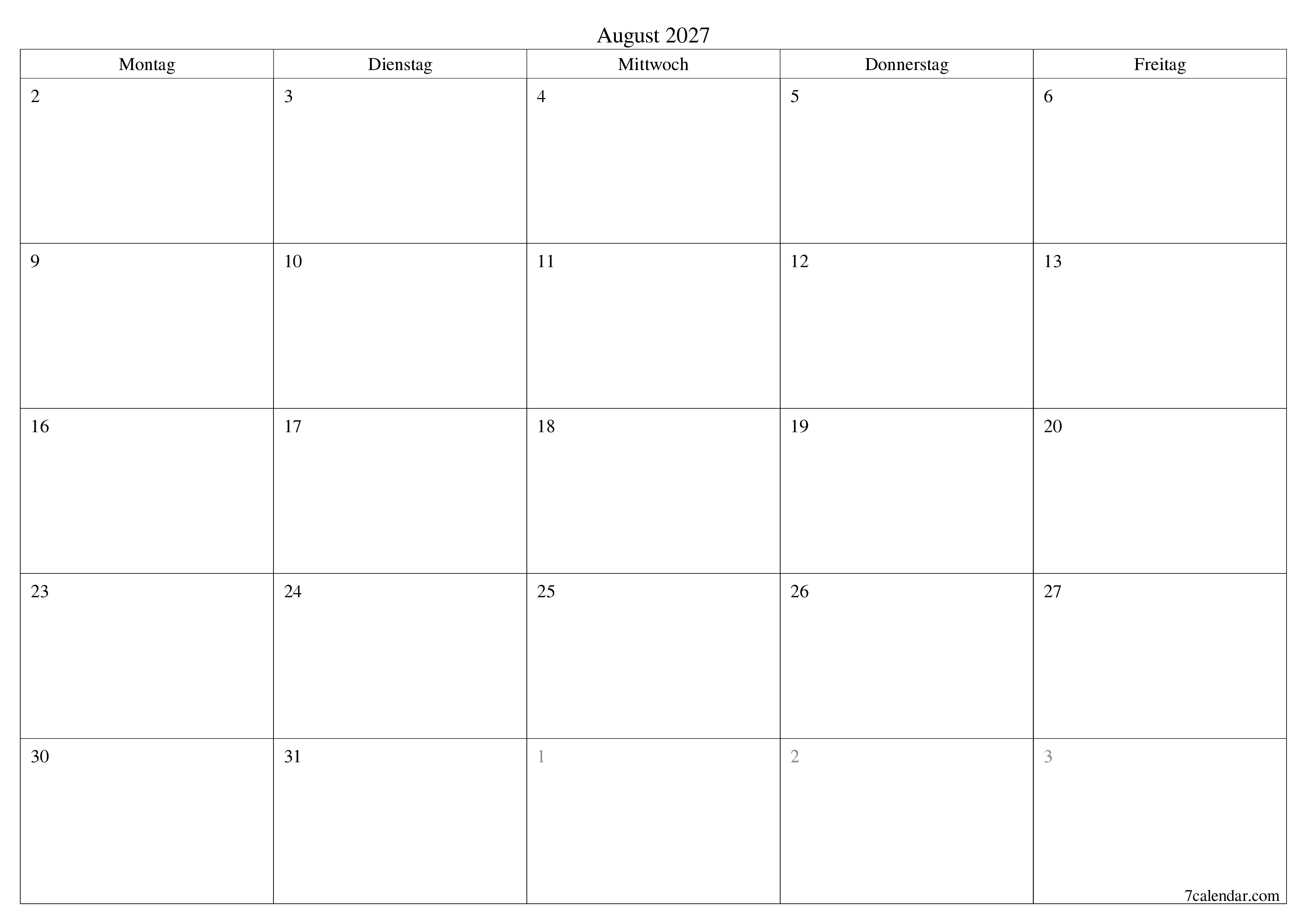 Monatsplaner für Monat August 2027 mit Notizen leeren, speichern und als PDF PNG German - 7calendar.com drucken