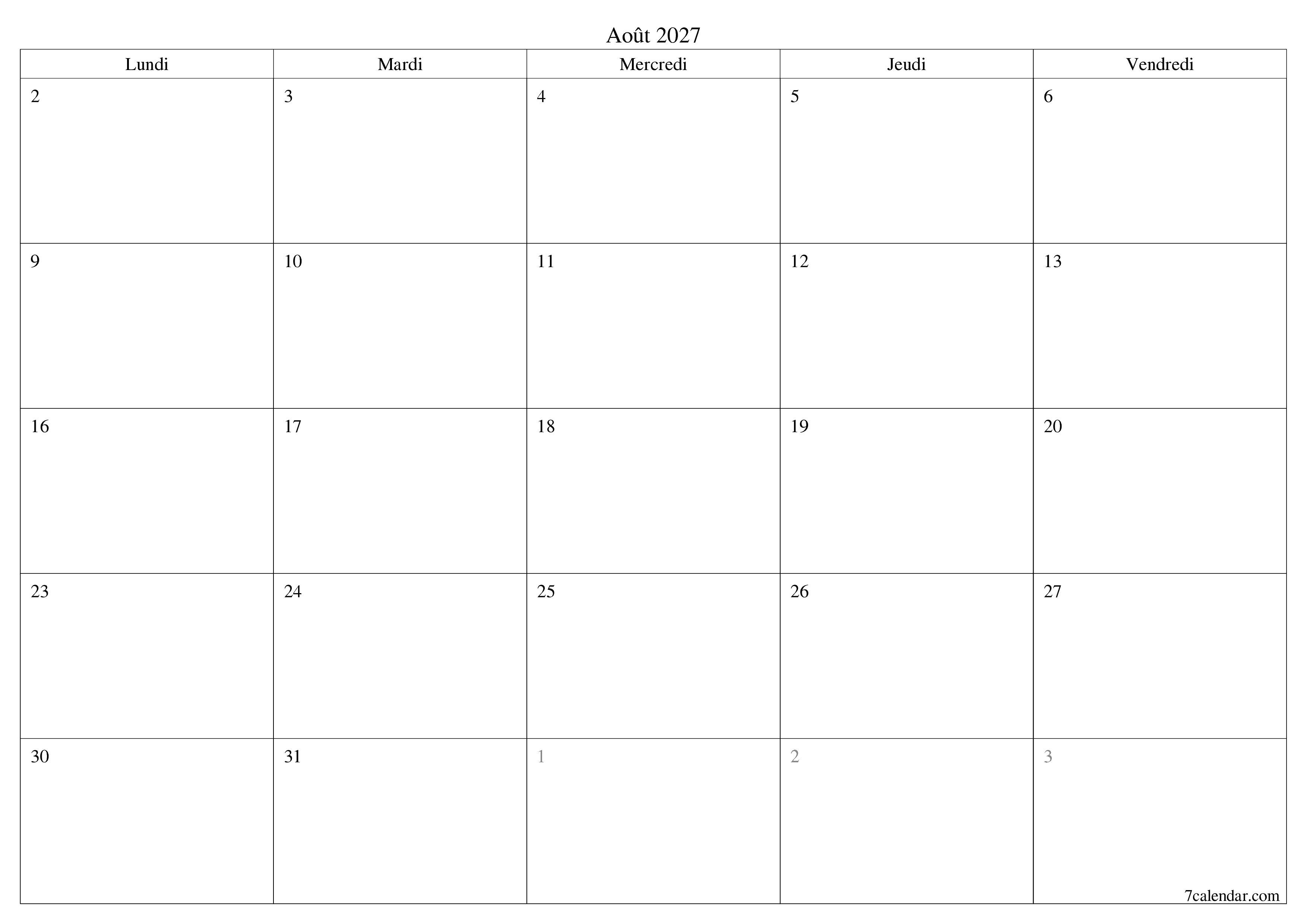 Agenda mensuel vide pour le mois Août 2027 avec notes, enregistrez et imprimez au format PDF PNG French