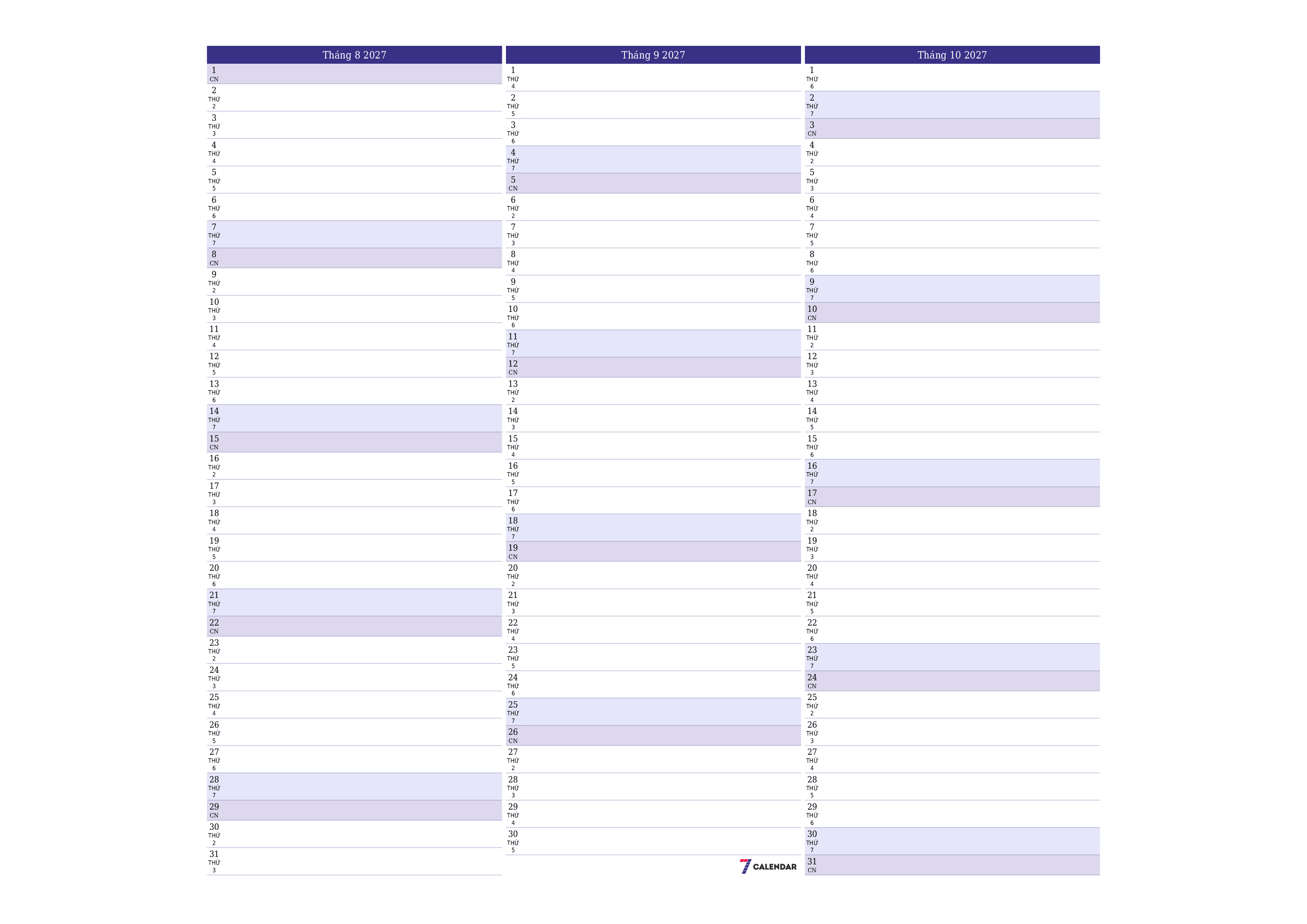 Công cụ lập kế hoạch hàng tháng trống cho tháng Tháng 8 2027 có ghi chú, lưu và in sang PDF PNG Vietnamese