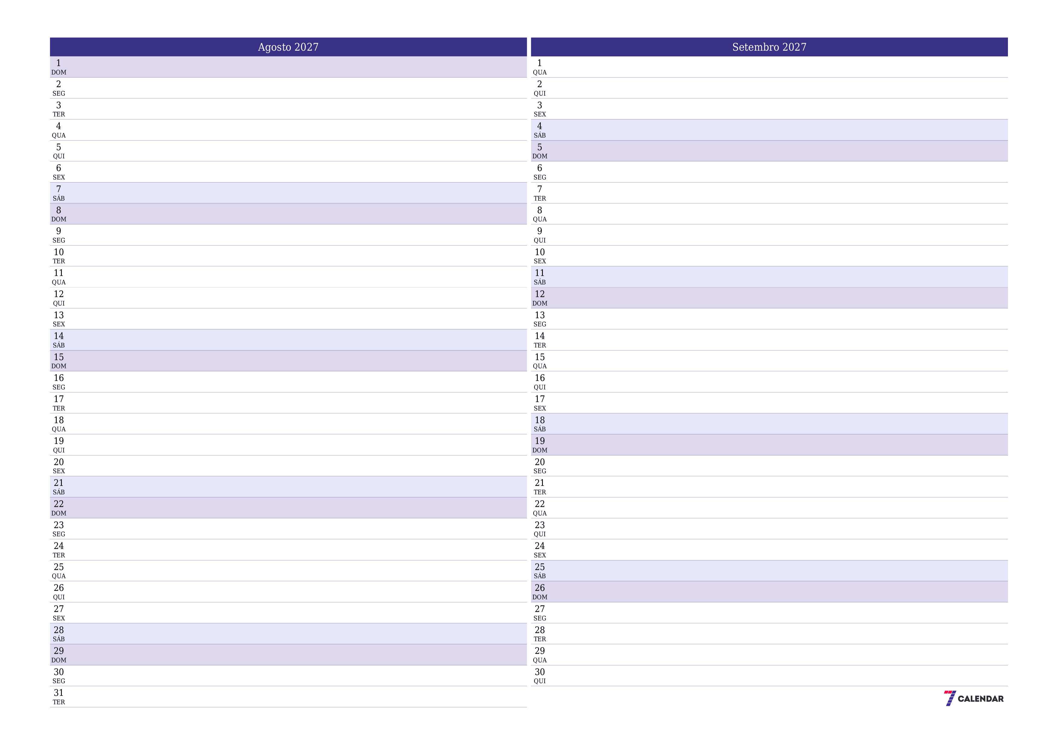 Esvazie o planejador mensal para o mês Agosto 2027 com notas, salve e imprima em PDF PNG Portuguese