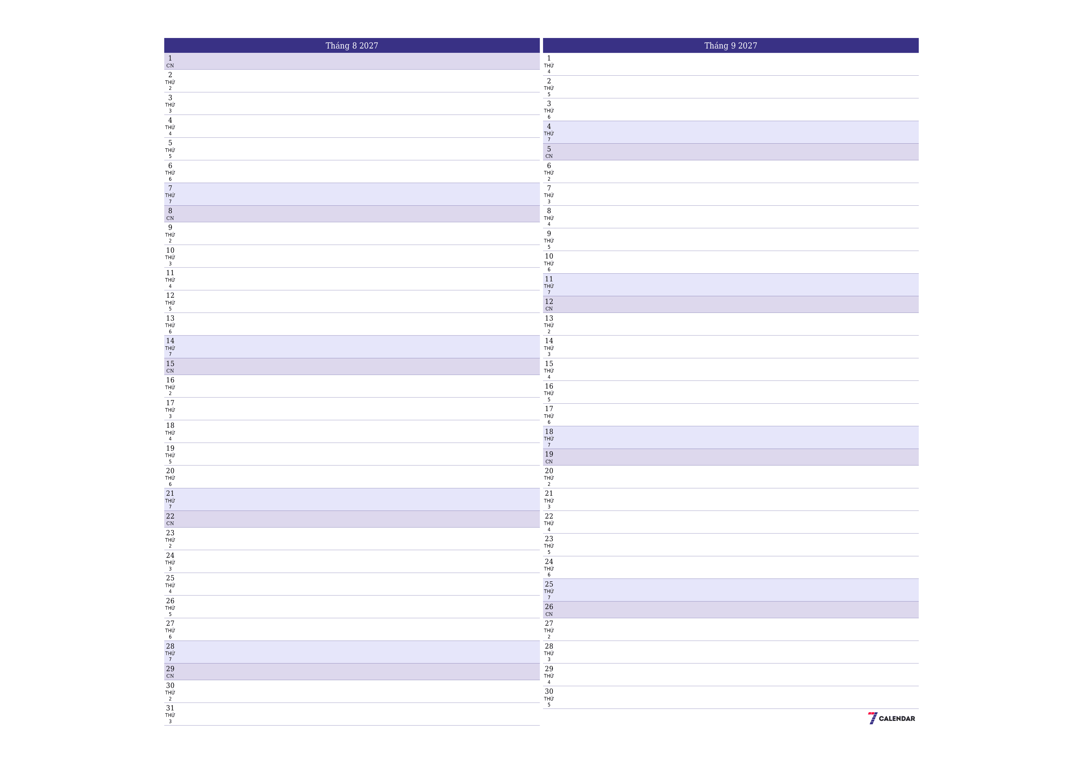 Công cụ lập kế hoạch hàng tháng trống cho tháng Tháng 8 2027 có ghi chú, lưu và in sang PDF PNG Vietnamese