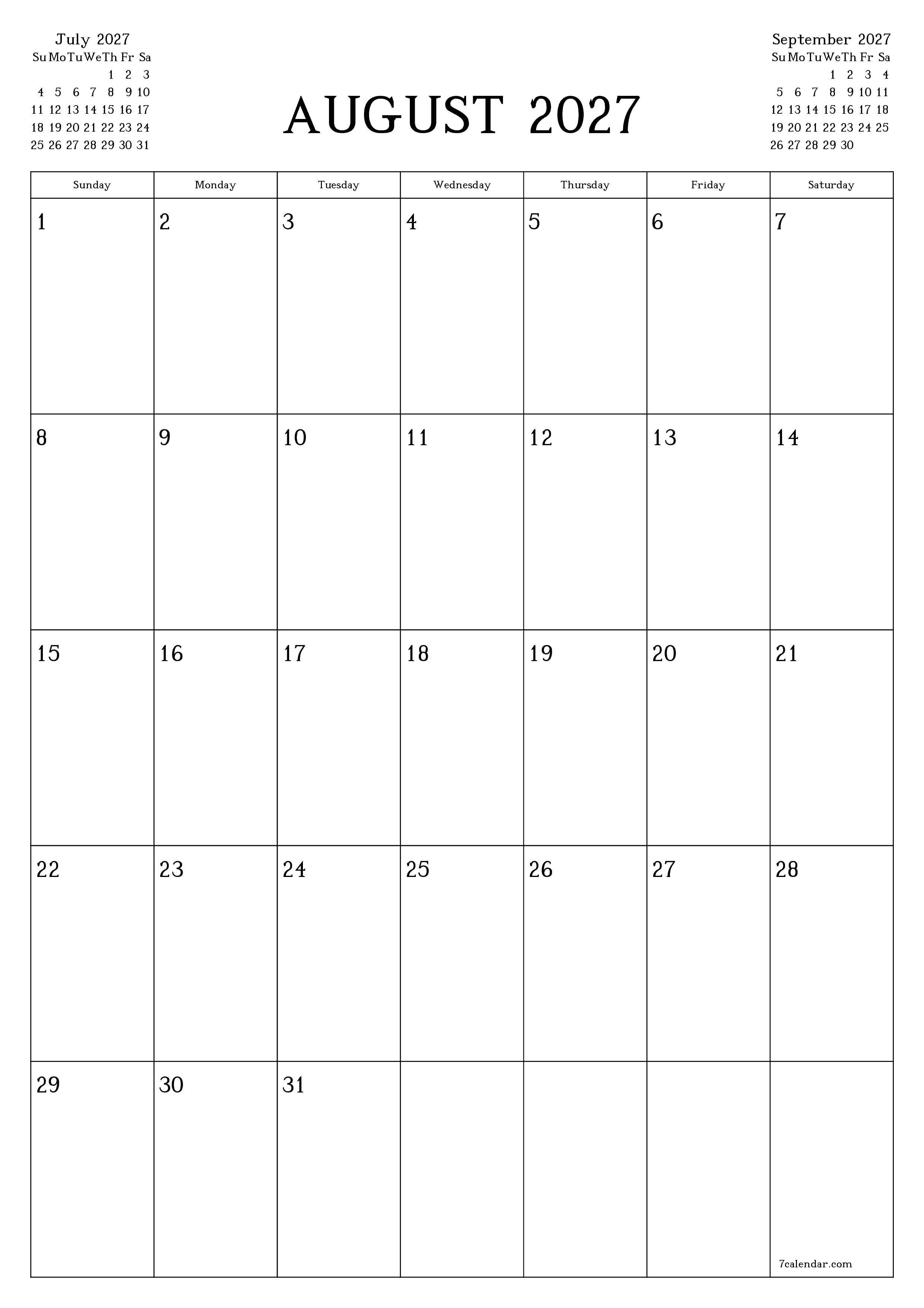 Blank calendar August 2027