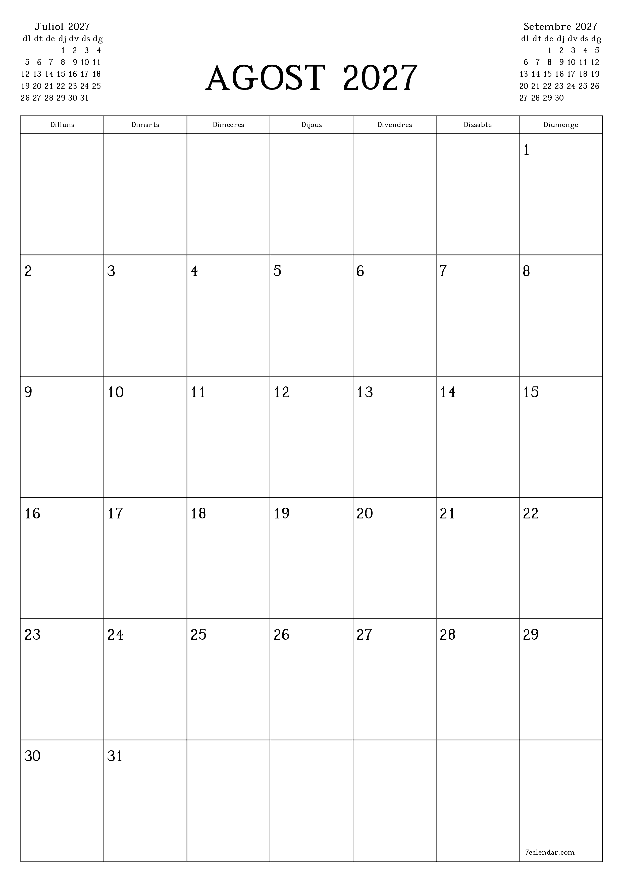 Planificador mensual buit del mes Agost 2027 amb notes, deseu-lo i imprimiu-lo en format PDF PNG Catalan