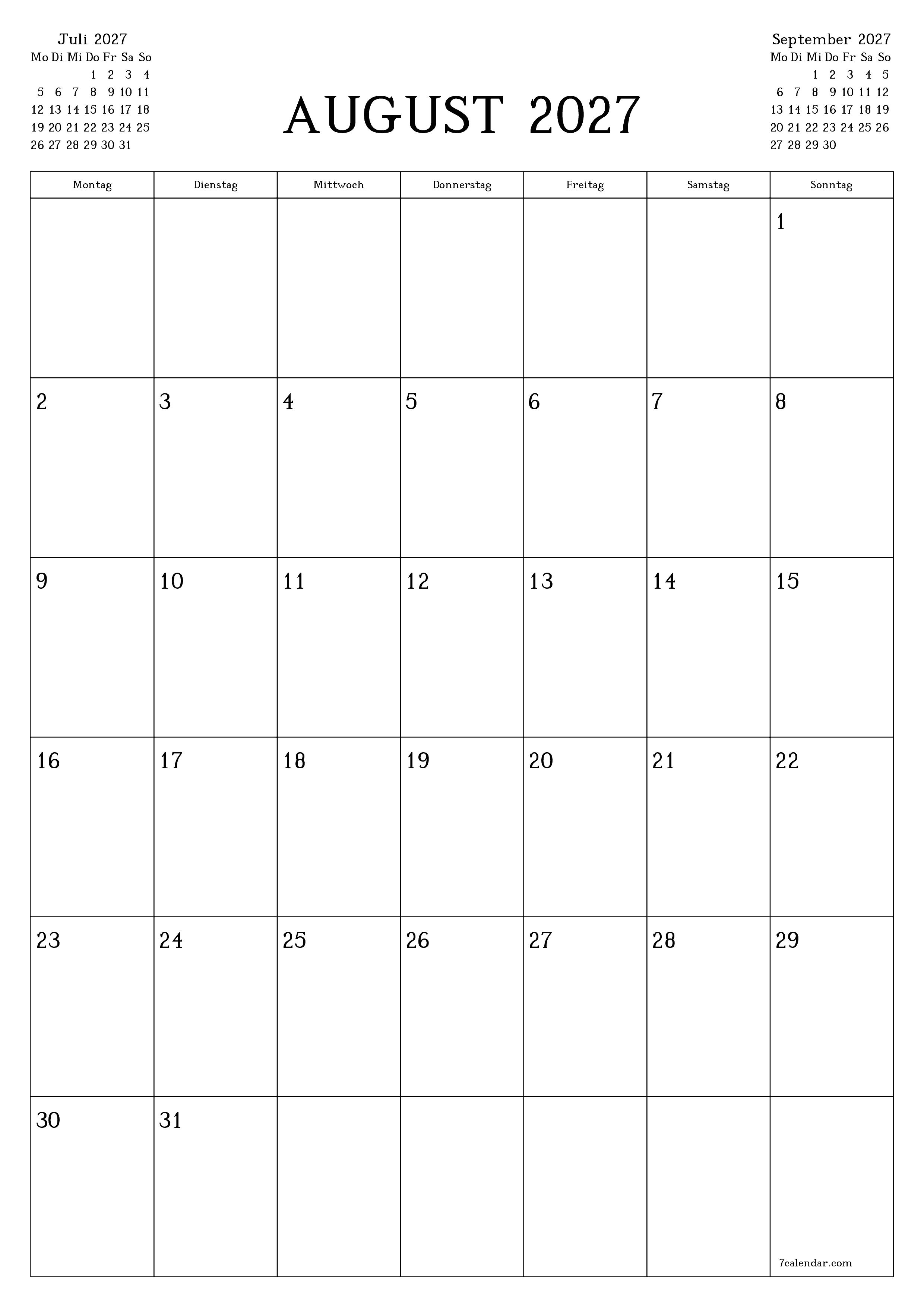 Monatsplaner für Monat August 2027 mit Notizen leeren, speichern und als PDF PNG German - 7calendar.com drucken