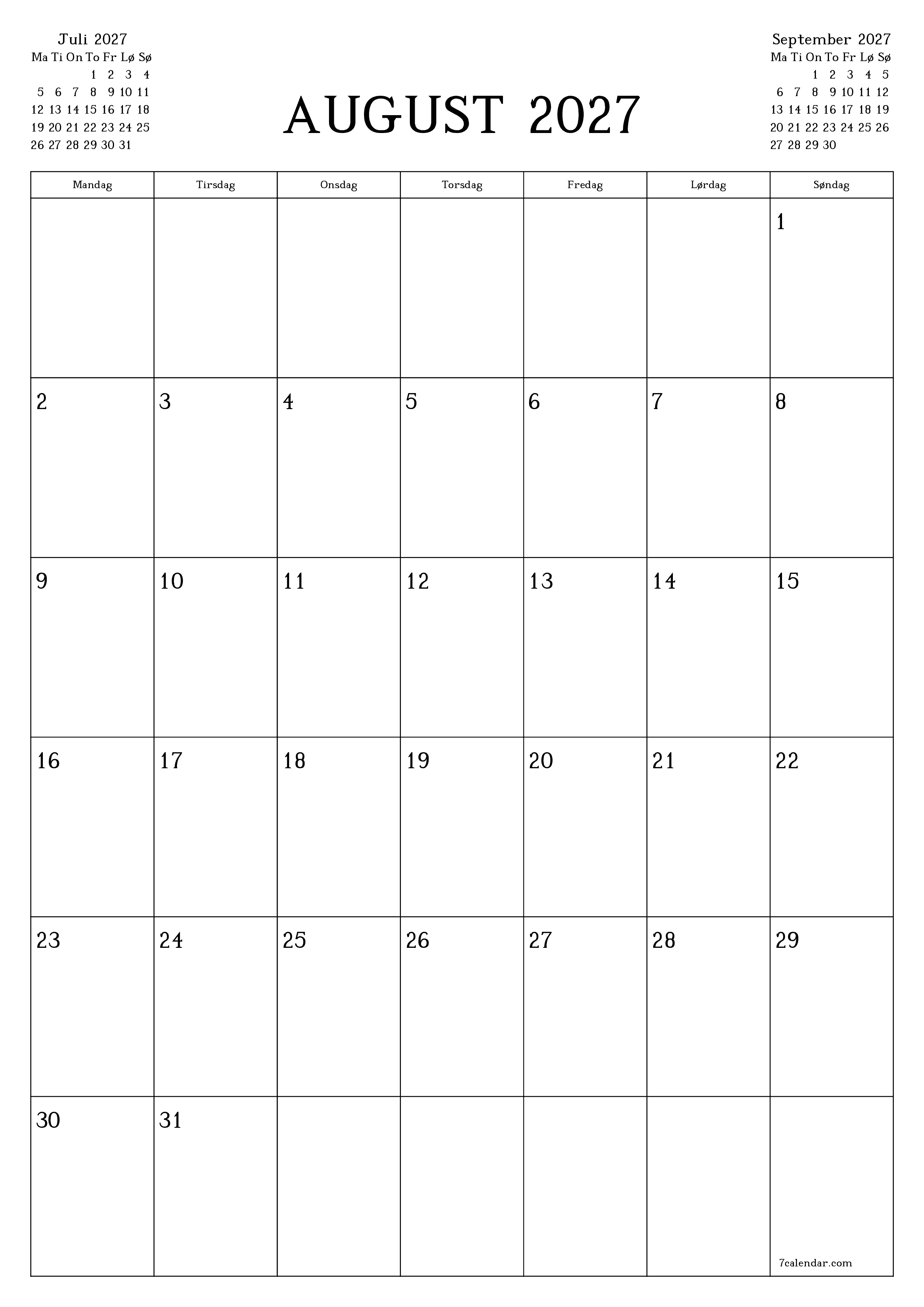 Tom månedlig planlægning for måned August 2027 med noter, gem og udskriv til PDF PNG Danish