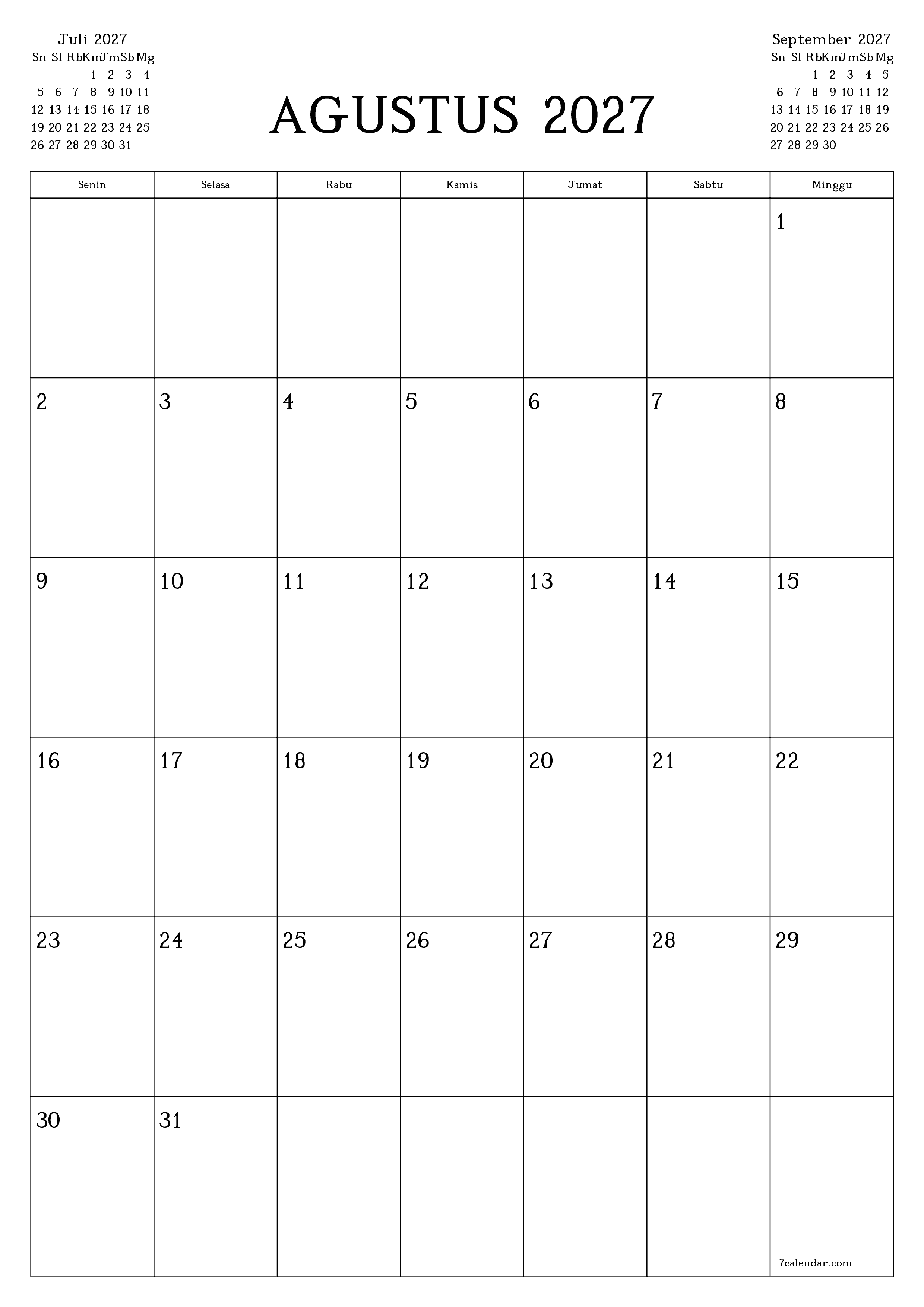 Kosongkan agenda bulanan untuk bulan Agustus 2027 dengan catatan, simpan dan cetak ke PDF PNG Indonesian