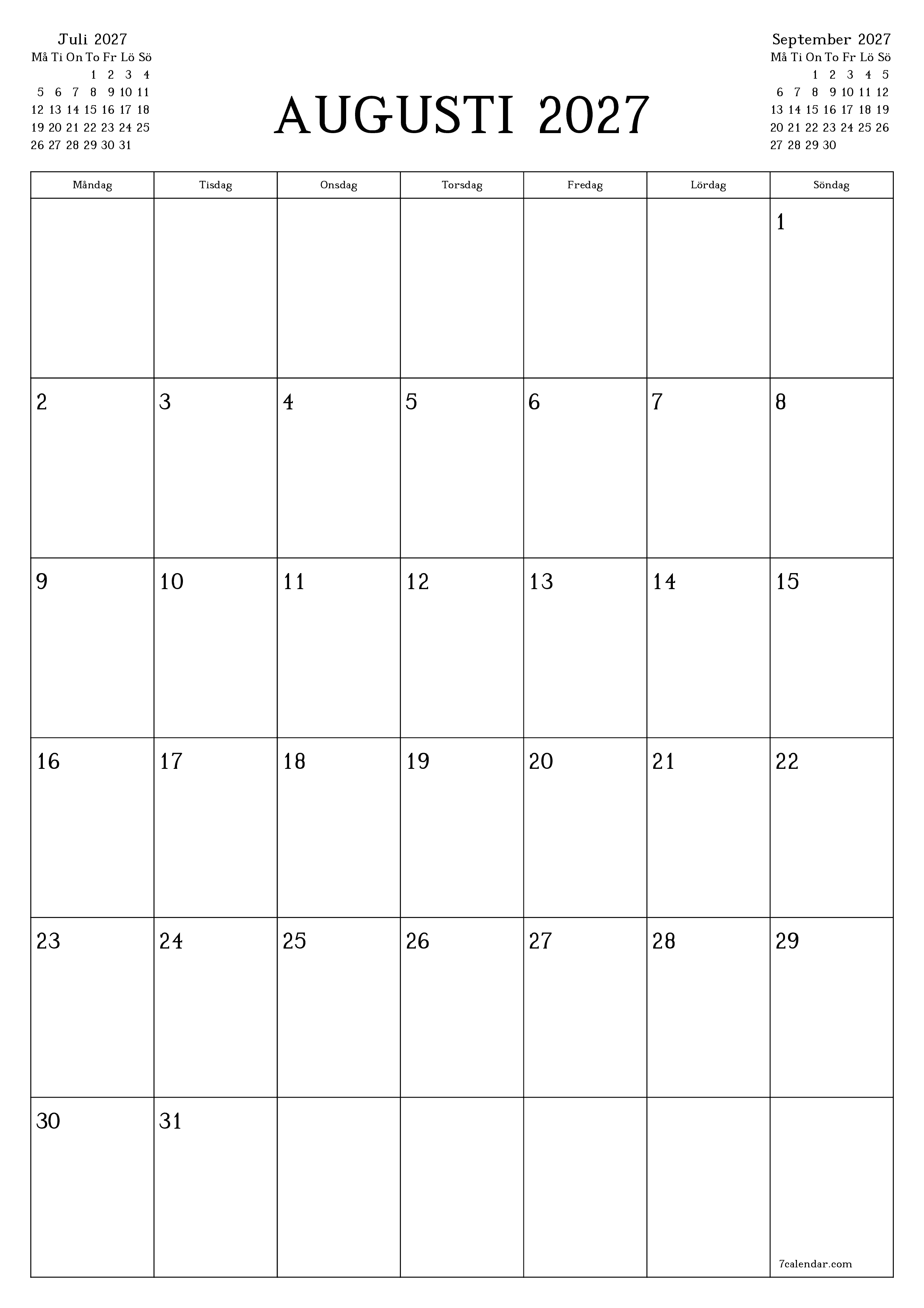 Tom månadsplanerare för månad Augusti 2027 med anteckningar, spara och skriv ut till PDF PNG Swedish