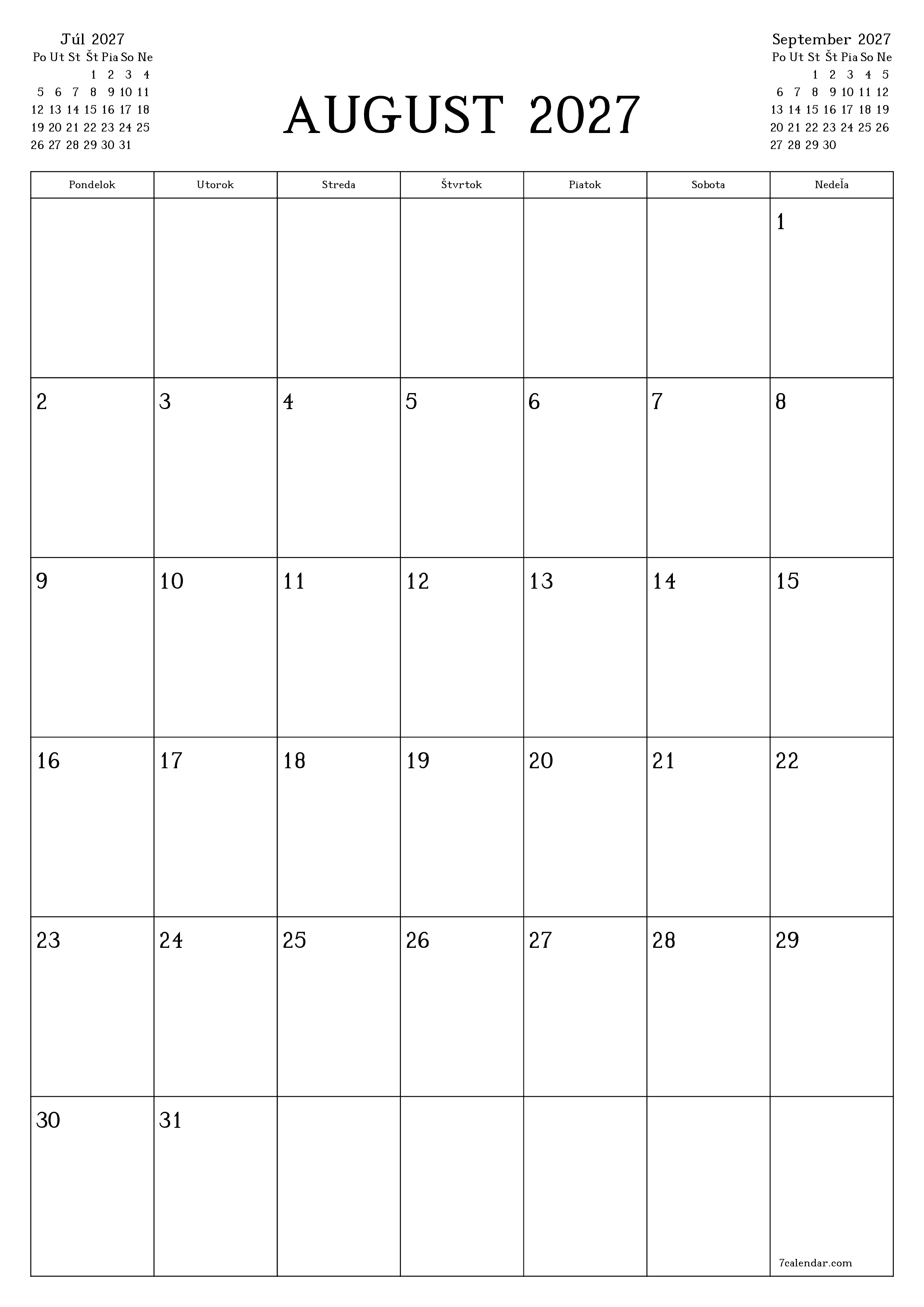 Prázdny mesačný plánovač na mesiac August 2027 s poznámkami, uloženie a tlač do PDF PNG Slovak