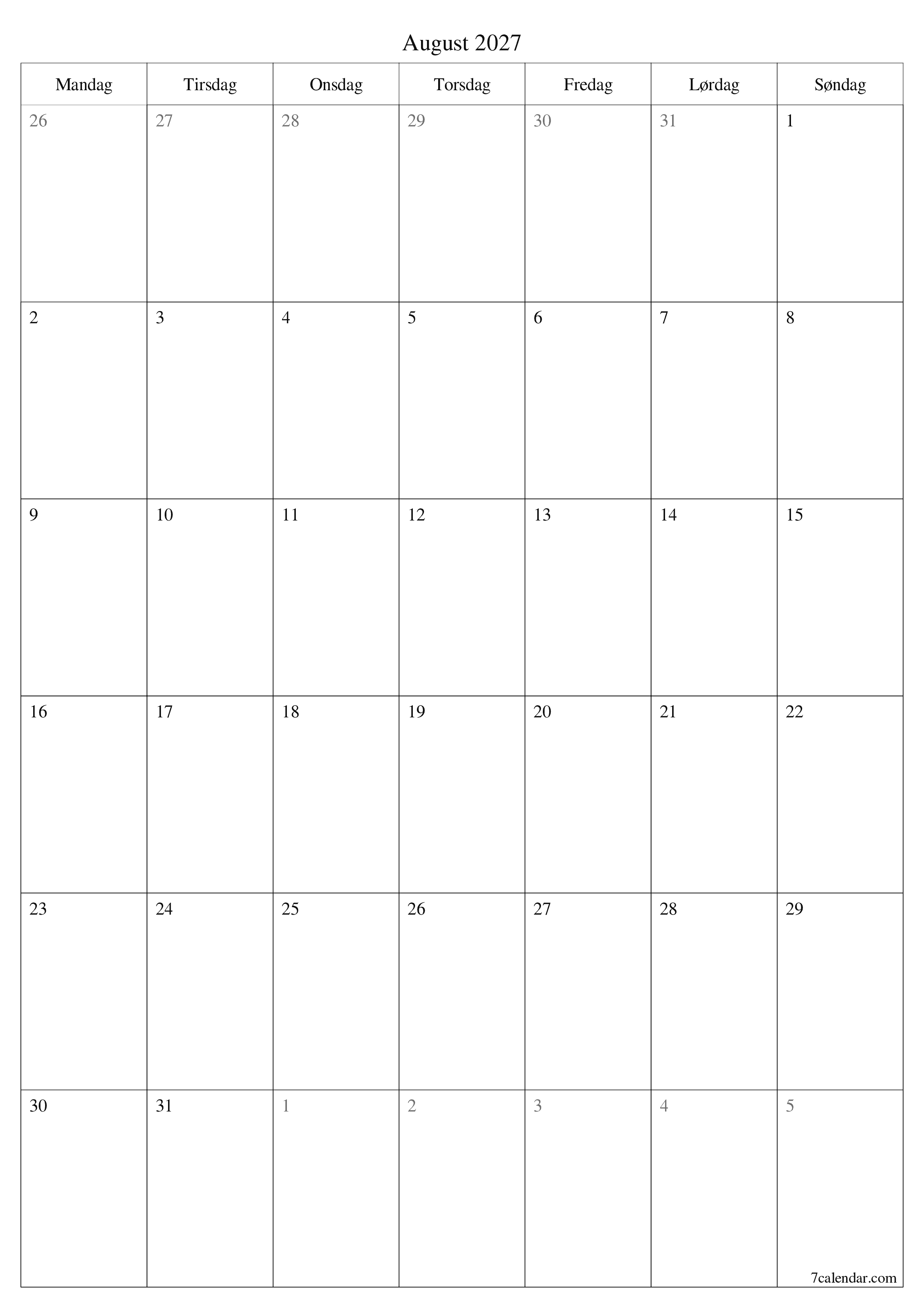 Tom månedlig planlægning for måned August 2027 med noter, gem og udskriv til PDF PNG Danish