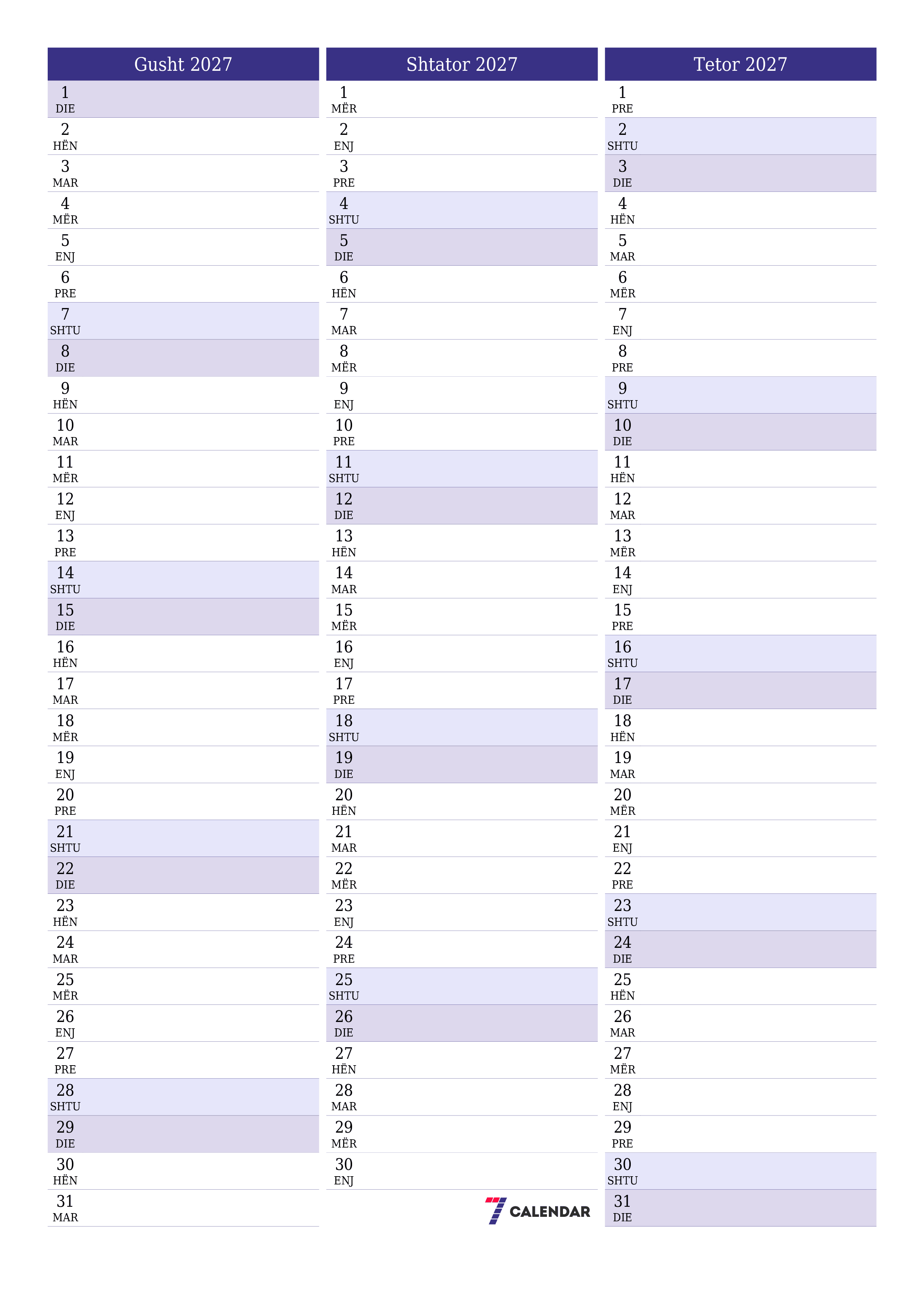 Planifikuesi i zbrazët i kalendarit mujor për muajin Gusht 2027 me shënime të ruajtura dhe të printuara në PDF PNG Albanian