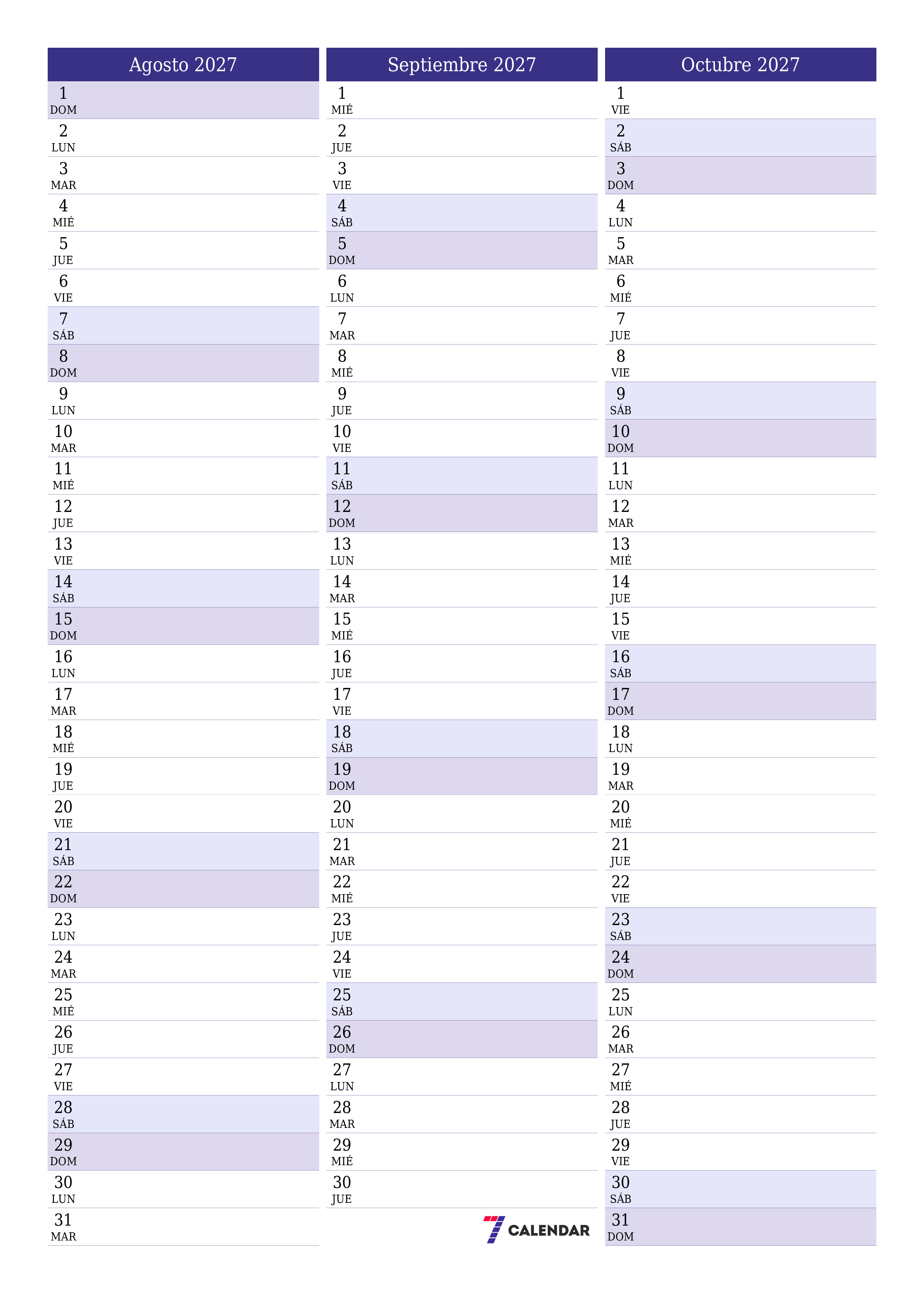 Planificador mensual vacío para el mes Agosto 2027 con notas, guardar e imprimir en PDF PNG Spanish