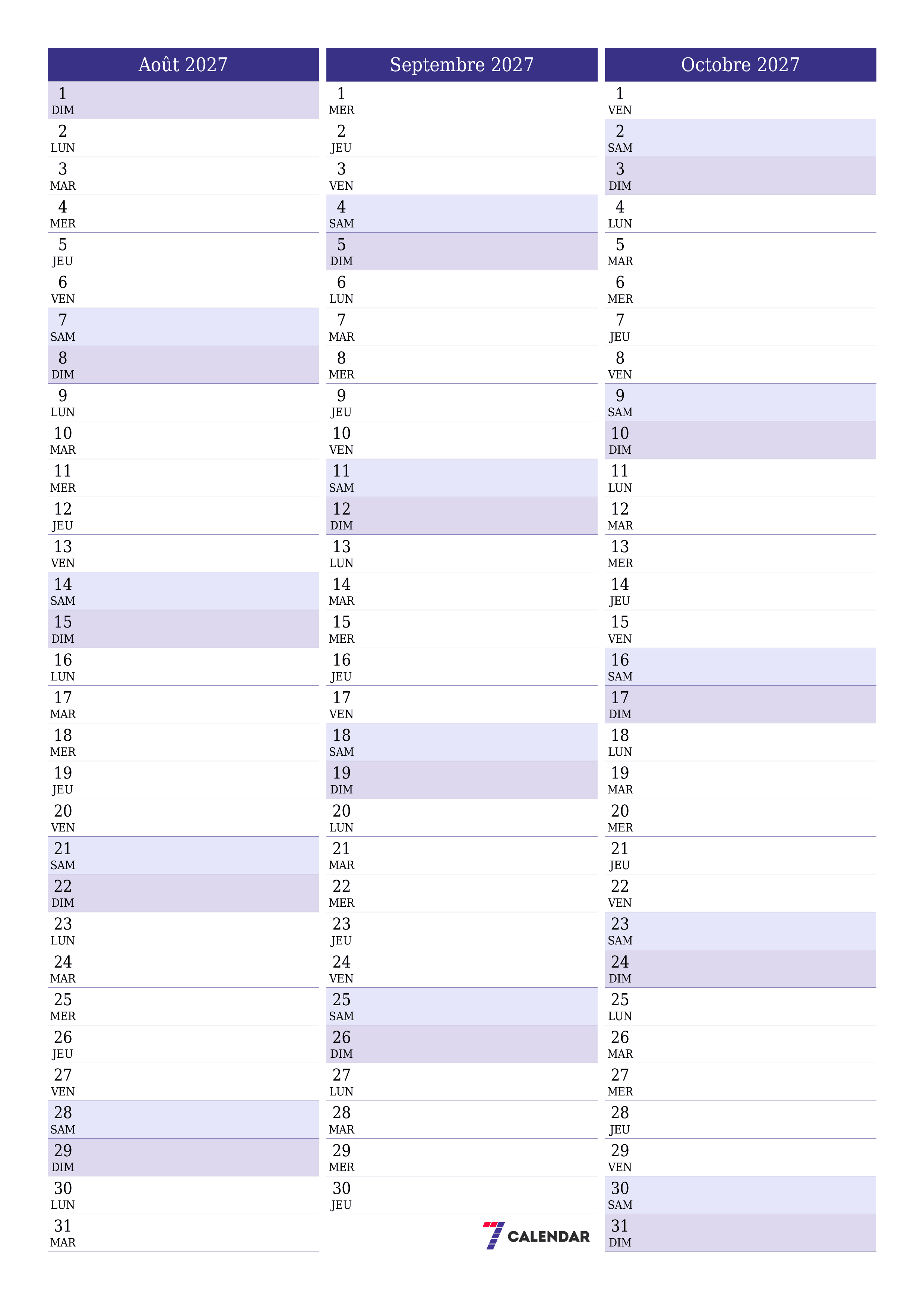 Agenda mensuel vide pour le mois Août 2027 avec notes, enregistrez et imprimez au format PDF PNG French