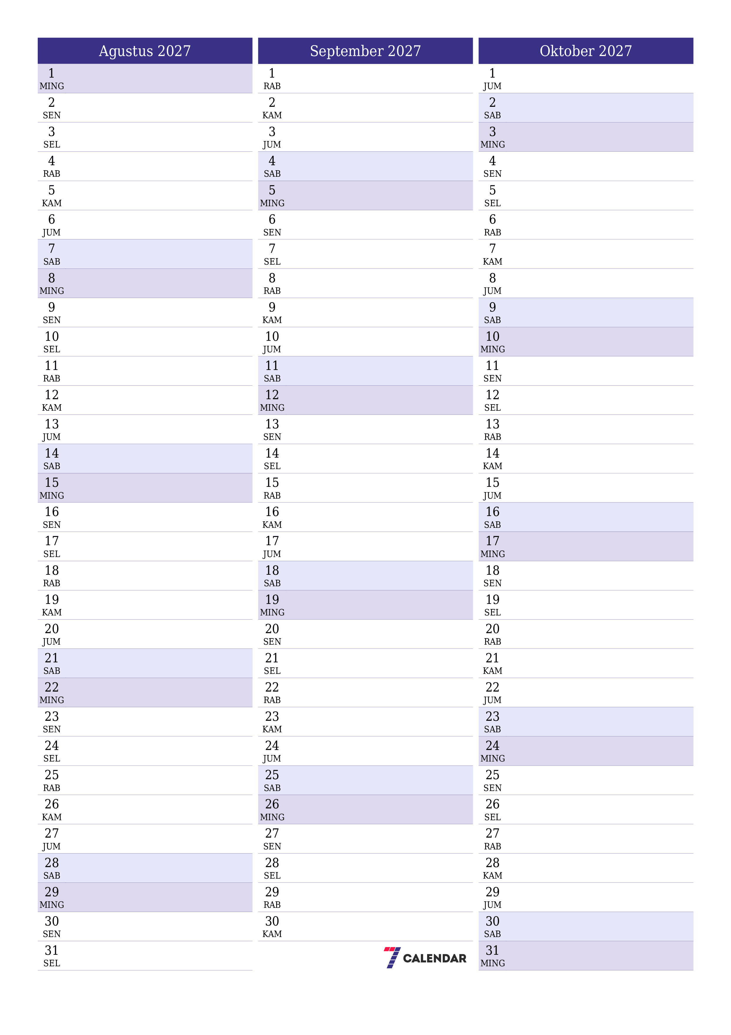 Kosongkan agenda bulanan untuk bulan Agustus 2027 dengan catatan, simpan dan cetak ke PDF PNG Indonesian