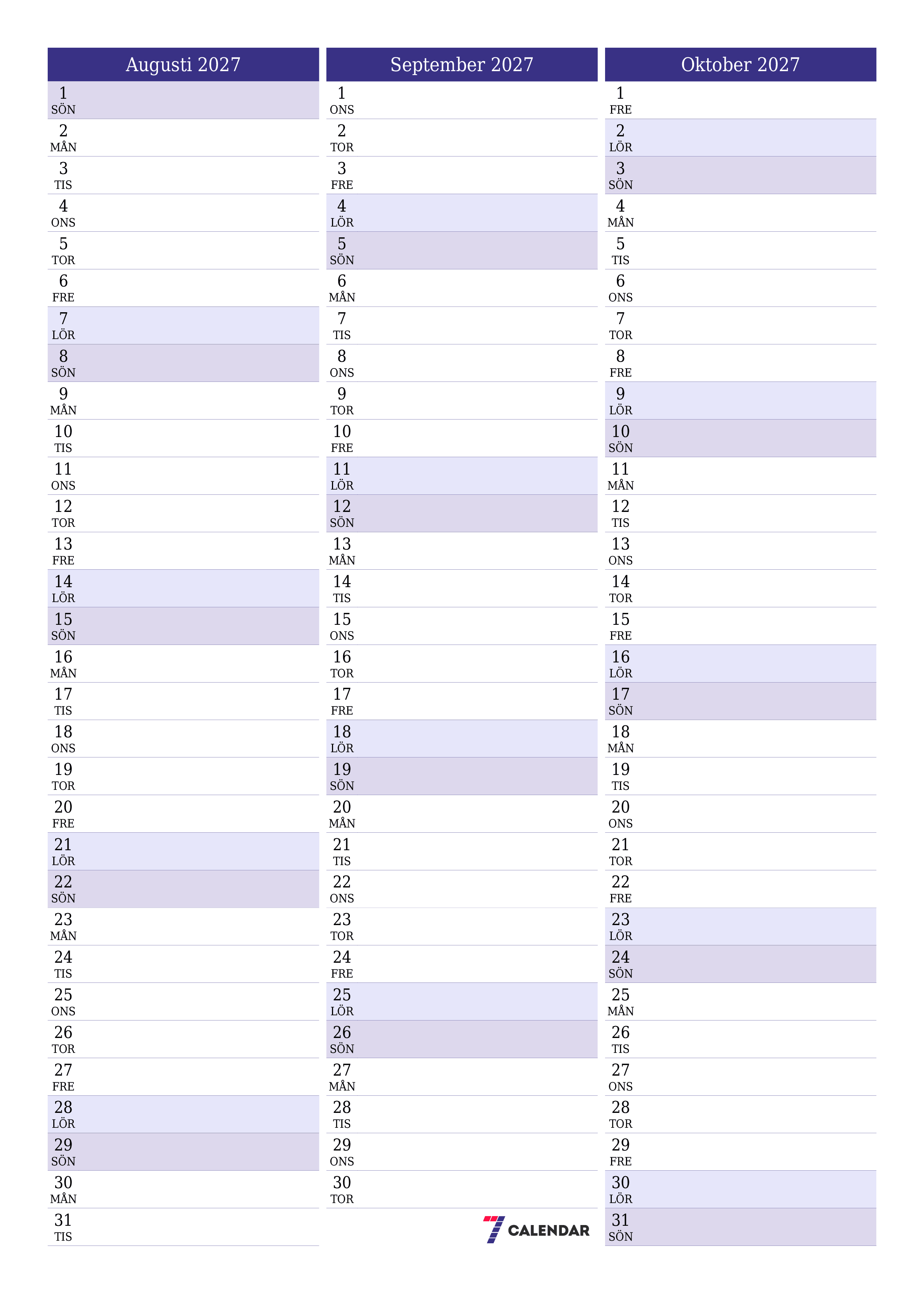 Tom månadsplanerare för månad Augusti 2027 med anteckningar, spara och skriv ut till PDF PNG Swedish