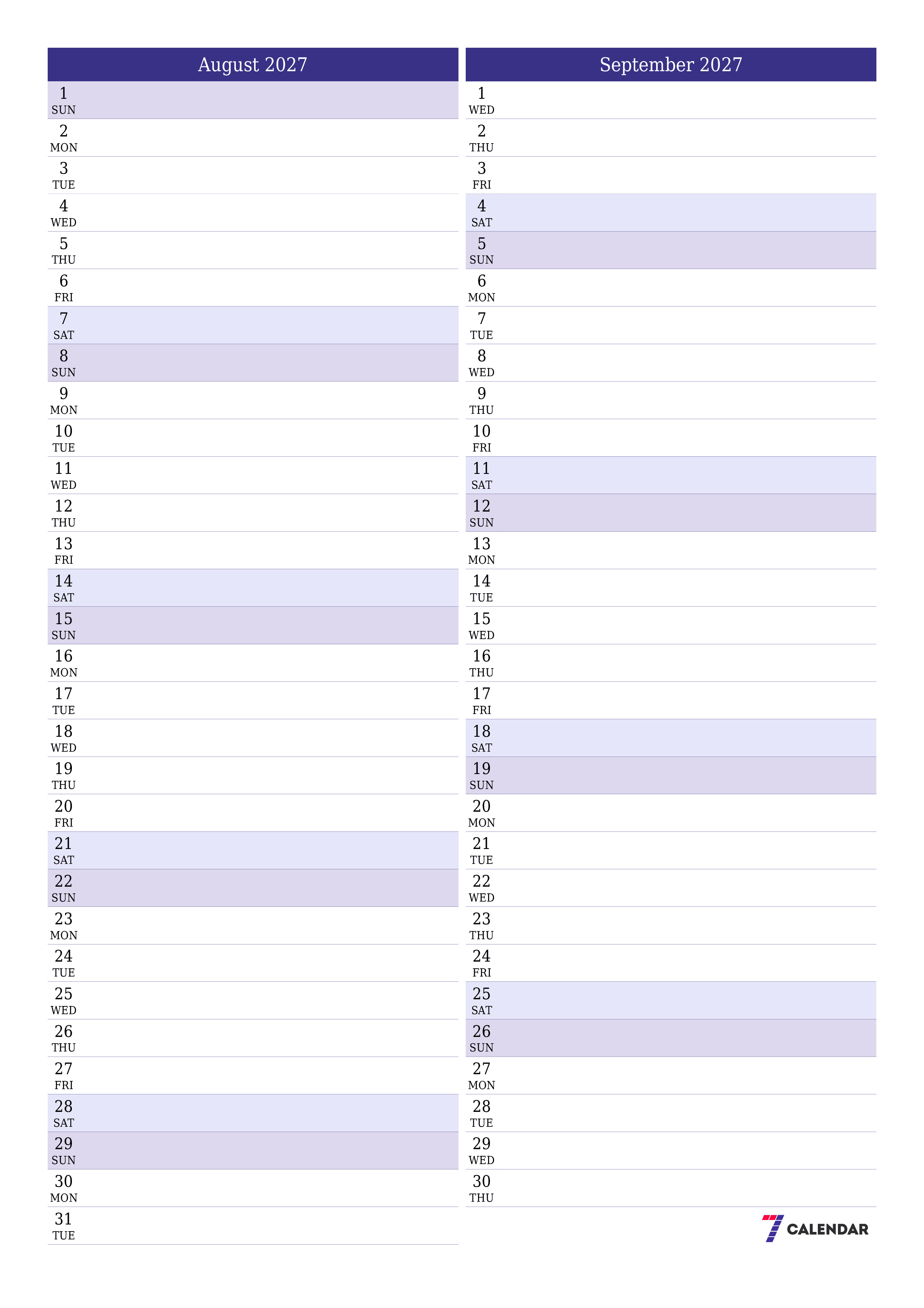 Blank calendar August 2027