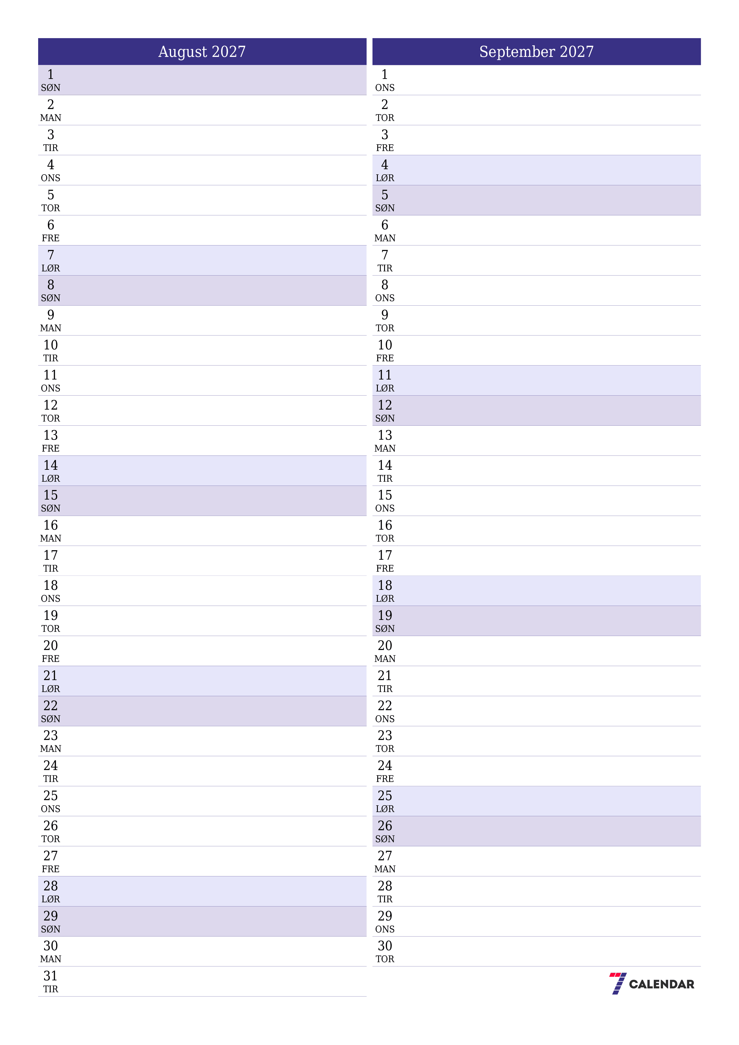 Tom månedlig planlægning for måned August 2027 med noter, gem og udskriv til PDF PNG Danish