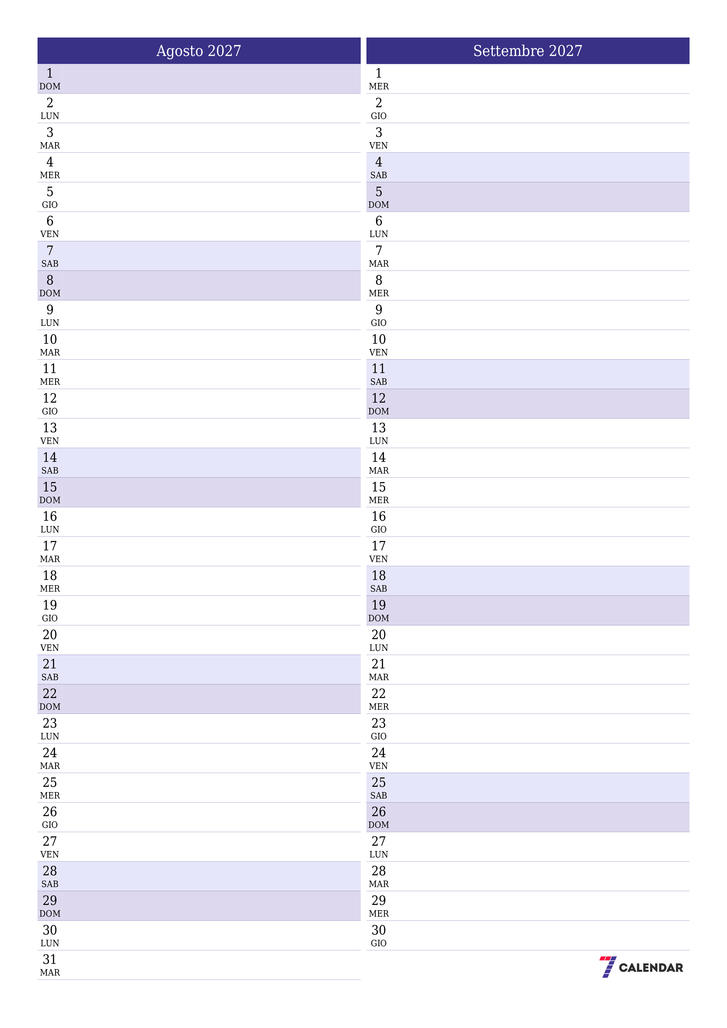 Pianificatore mensile vuoto per il mese Agosto 2027 con note, salva e stampa in PDF PNG Italian