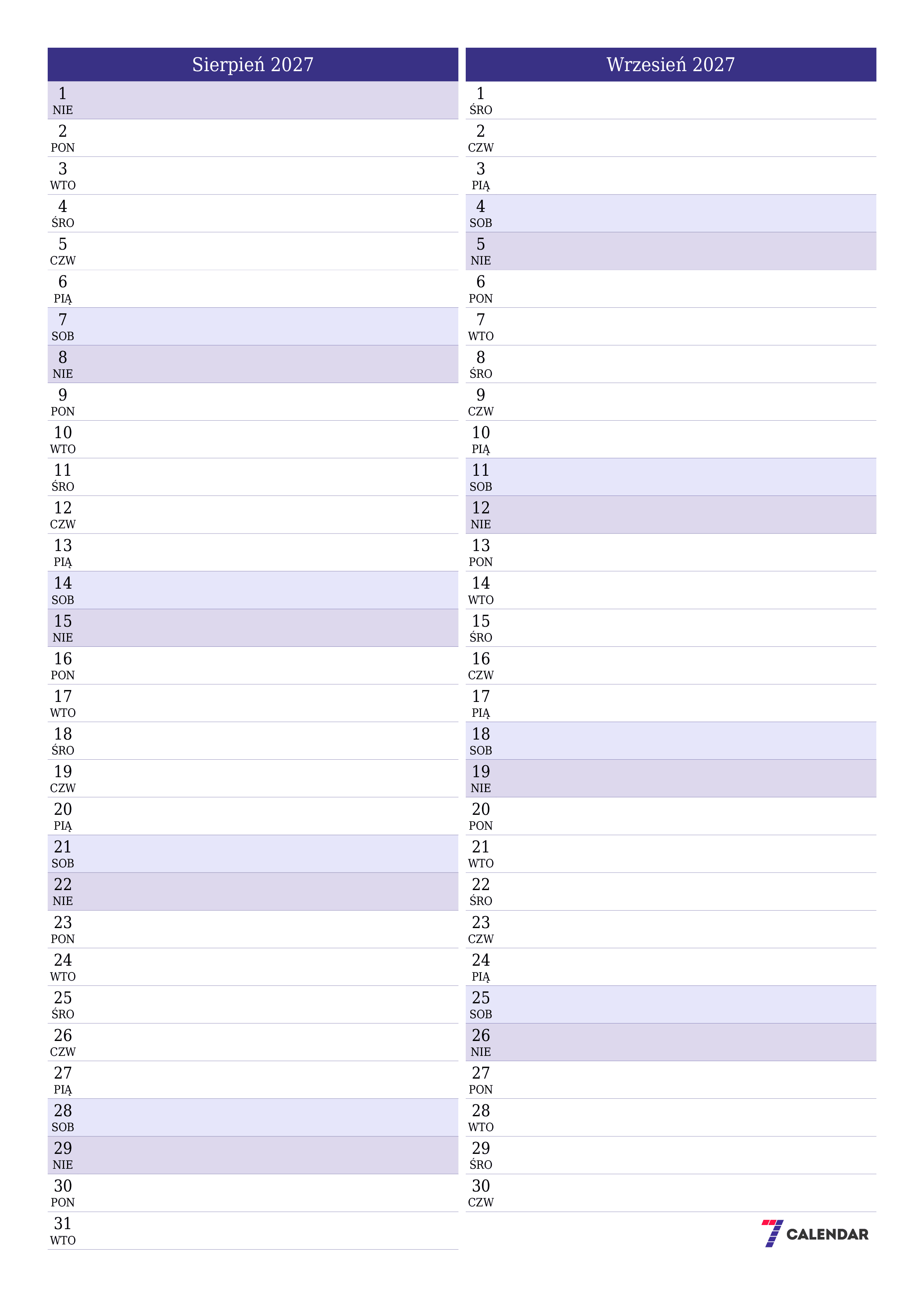 Opróżnij miesięczny planer na miesiąc Sierpień 2027 z notatkami, zapisz i wydrukuj w formacie PDF PNG Polish