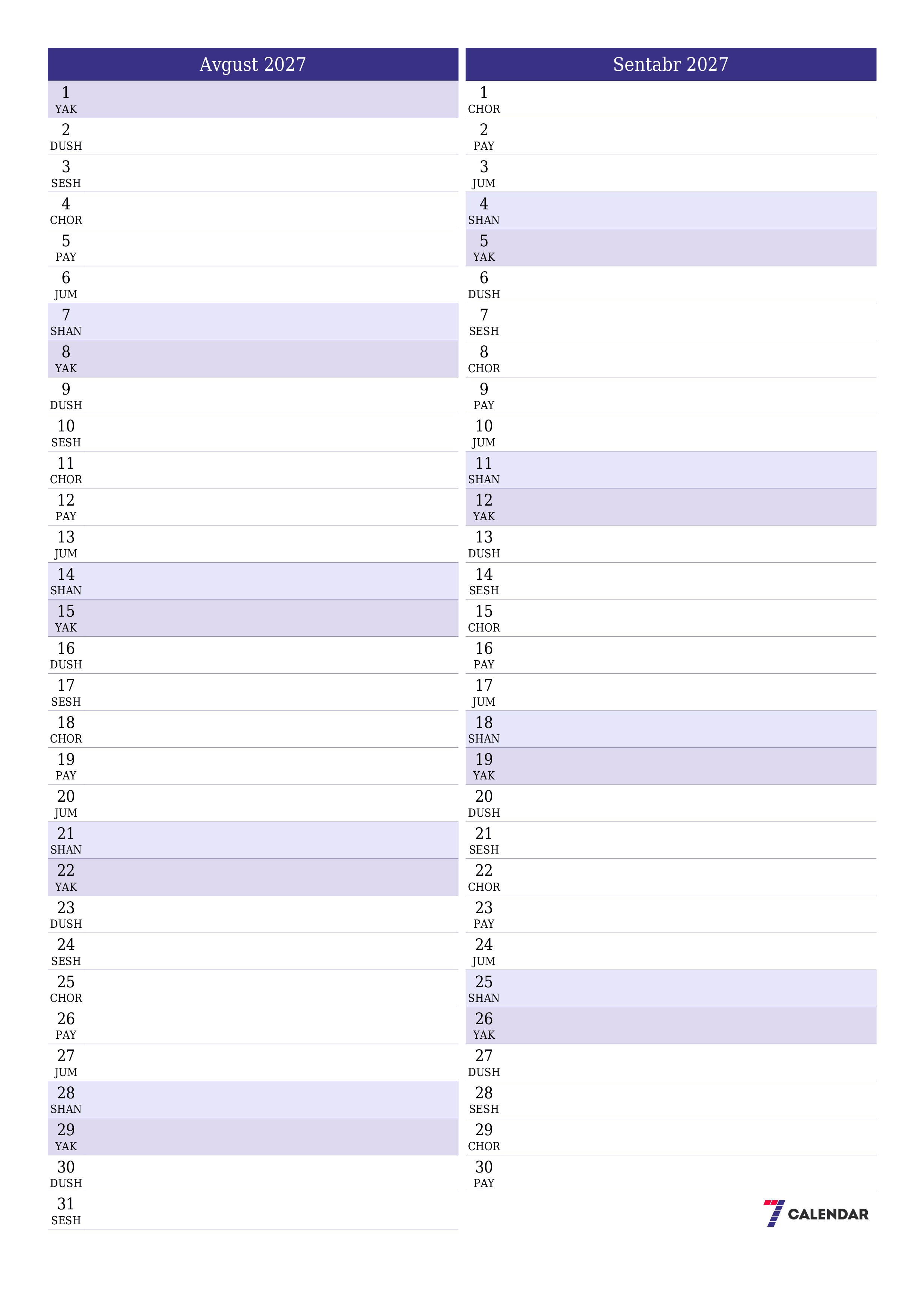 Avgust 2027 oylik oylik rejalashtiruvchini yozuvlar bilan bo'shatish, saqlash va PDF-ga chop etish PNG Uzbek