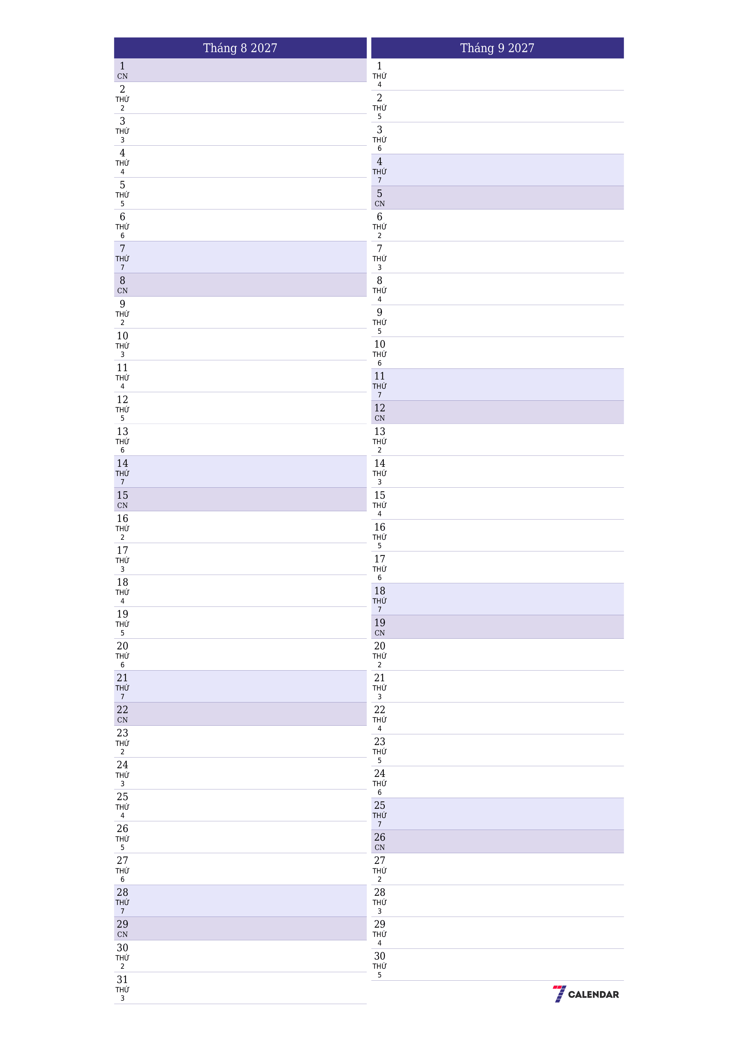 Công cụ lập kế hoạch hàng tháng trống cho tháng Tháng 8 2027 có ghi chú, lưu và in sang PDF PNG Vietnamese