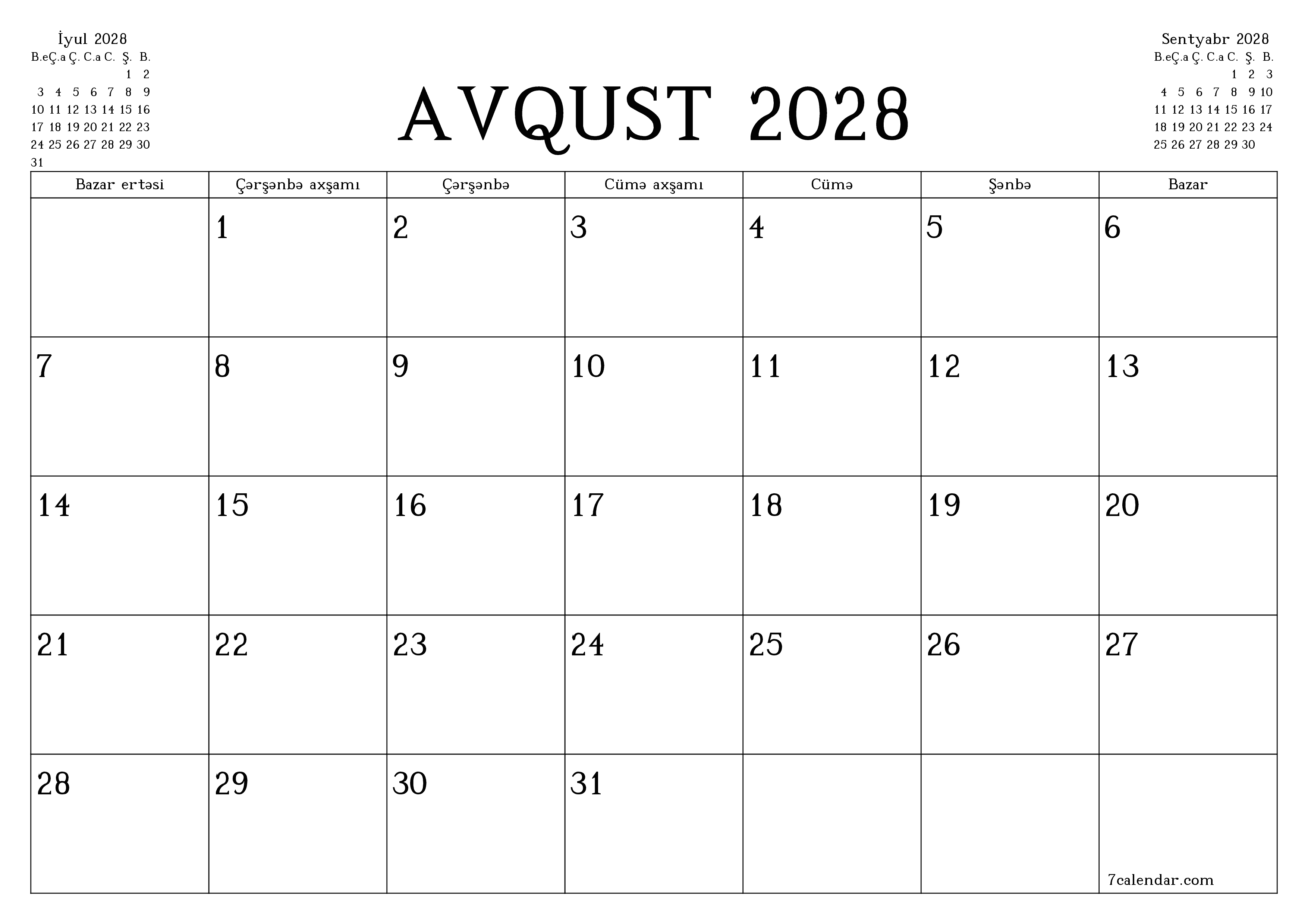 Avqust 2028 ayı üçün qeydlər ilə boş aylıq planlayıcı, qeyd edin və PDF-ə yazdırın PNG Azerbaijani