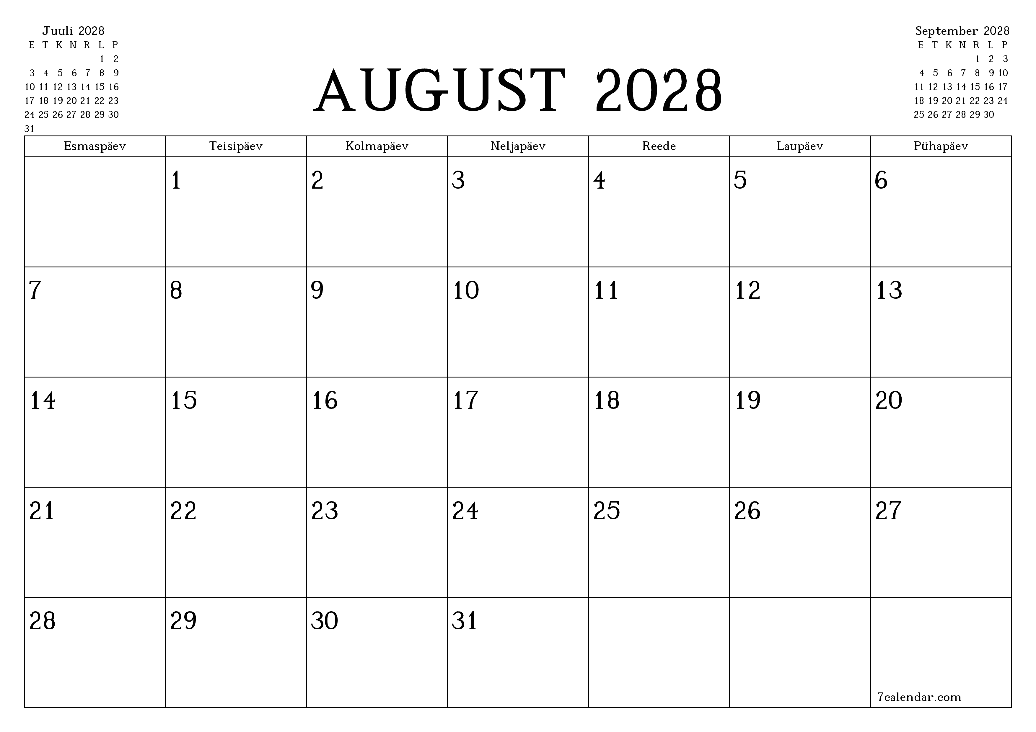 Tühjendage kuu August 2028 kuuplaneerija märkmetega, salvestage ja printige PDF-i PNG Estonian