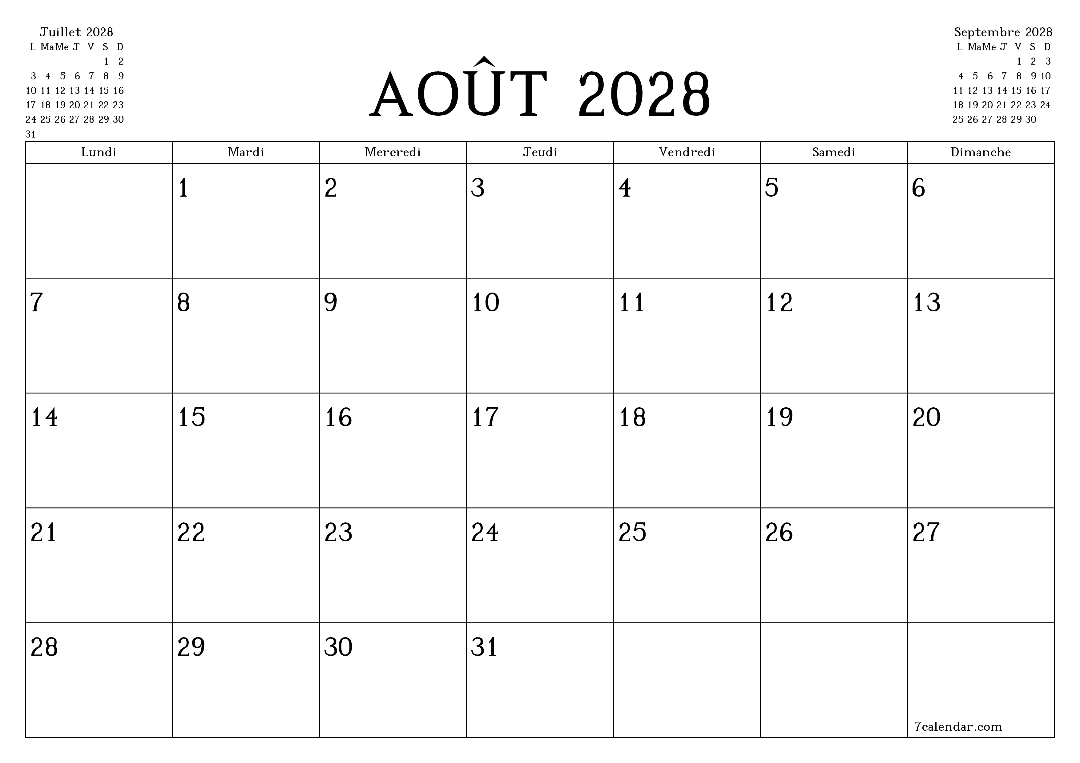 Agenda mensuel vide pour le mois Août 2028 avec notes, enregistrez et imprimez au format PDF PNG French
